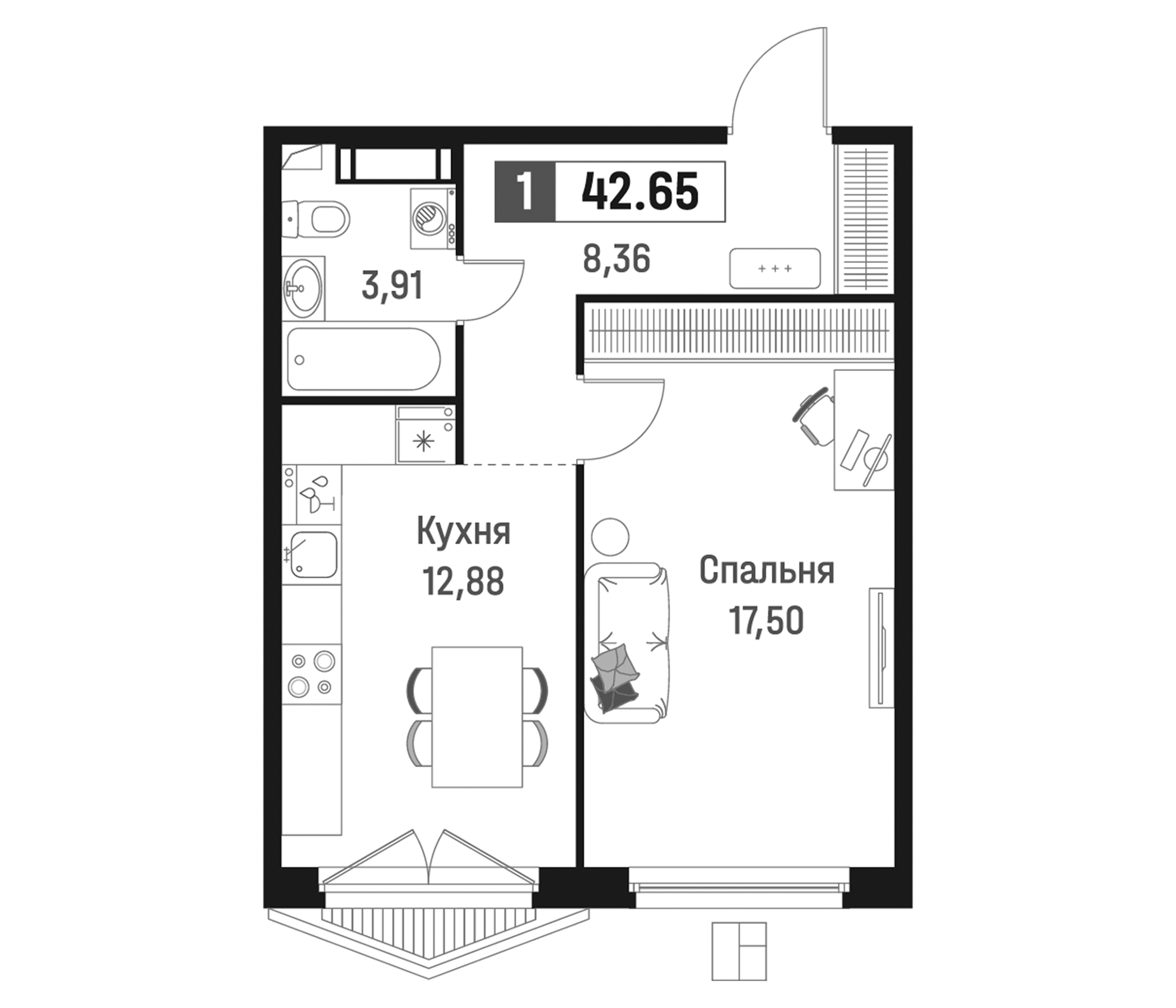 Планировка — Максималист, 1-комн., 43 м²