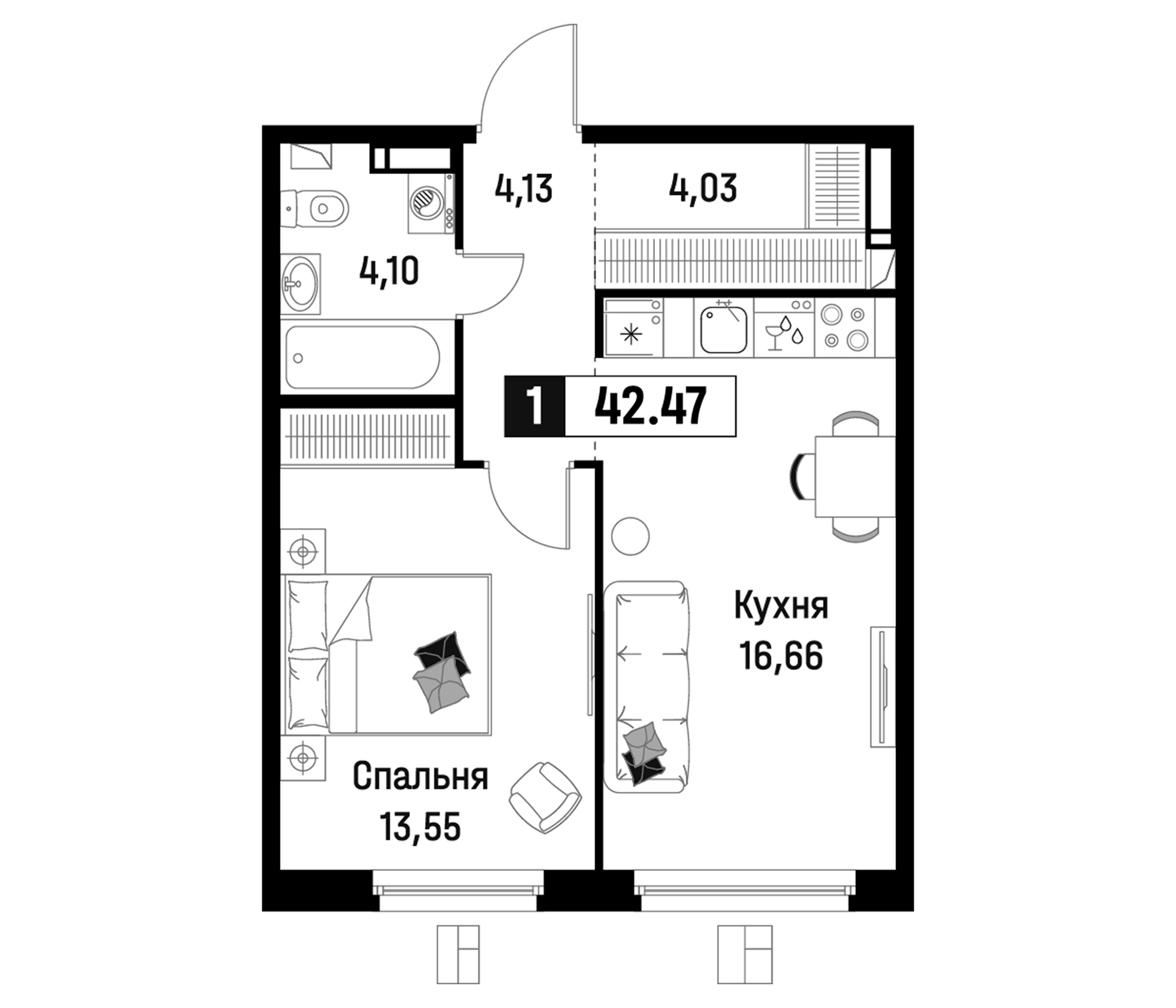 Планировка — Максималист, 2-комн., 42 м²