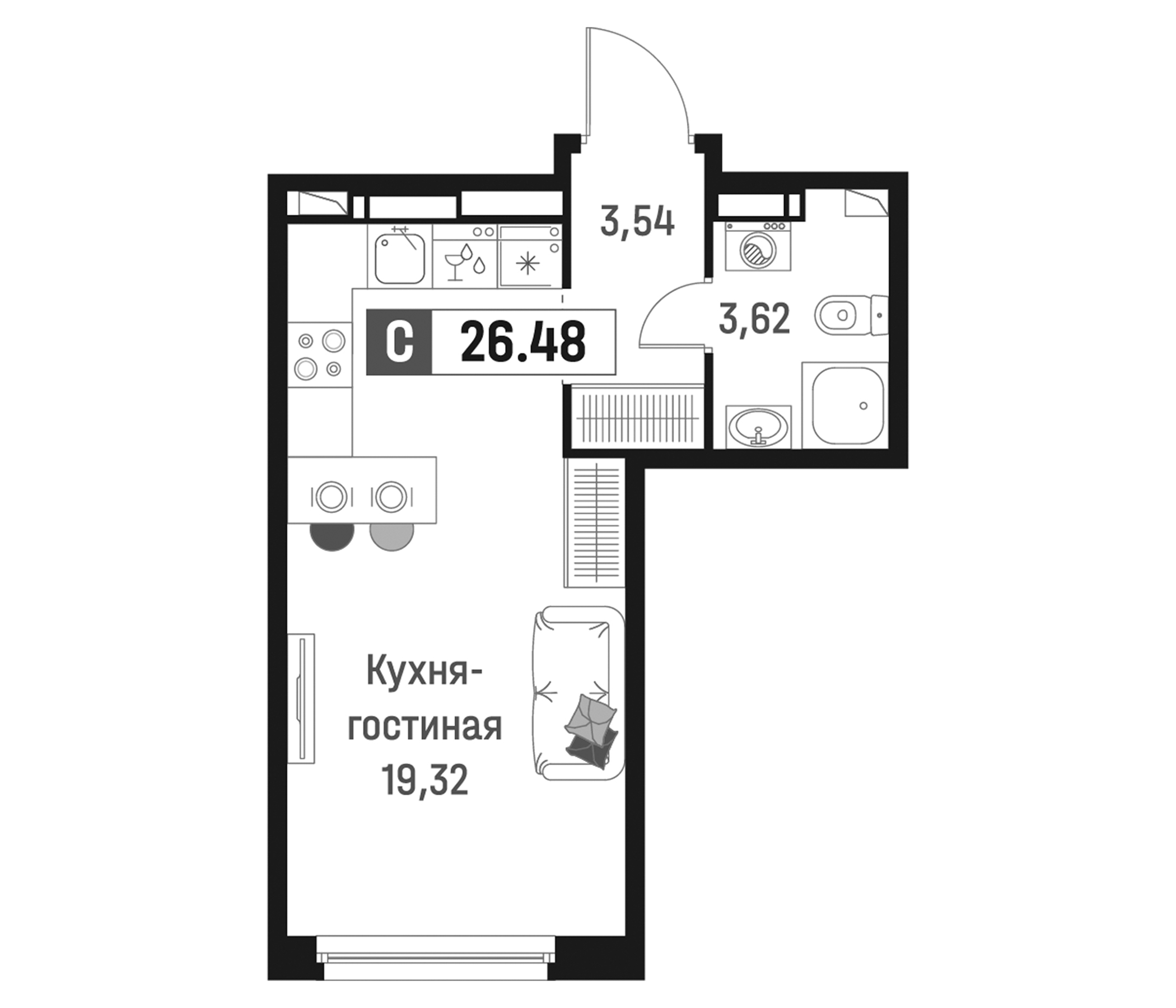 Планировка — Максималист, Студия, 26 м²