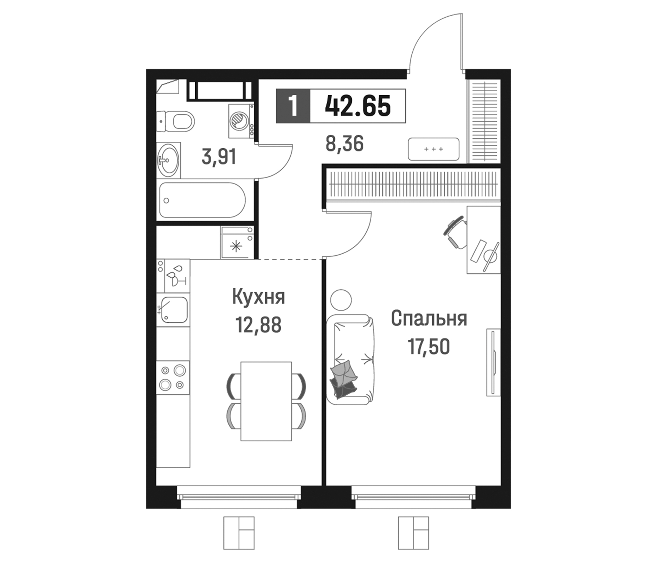 Планировка — Максималист, 1-комн., 43 м²