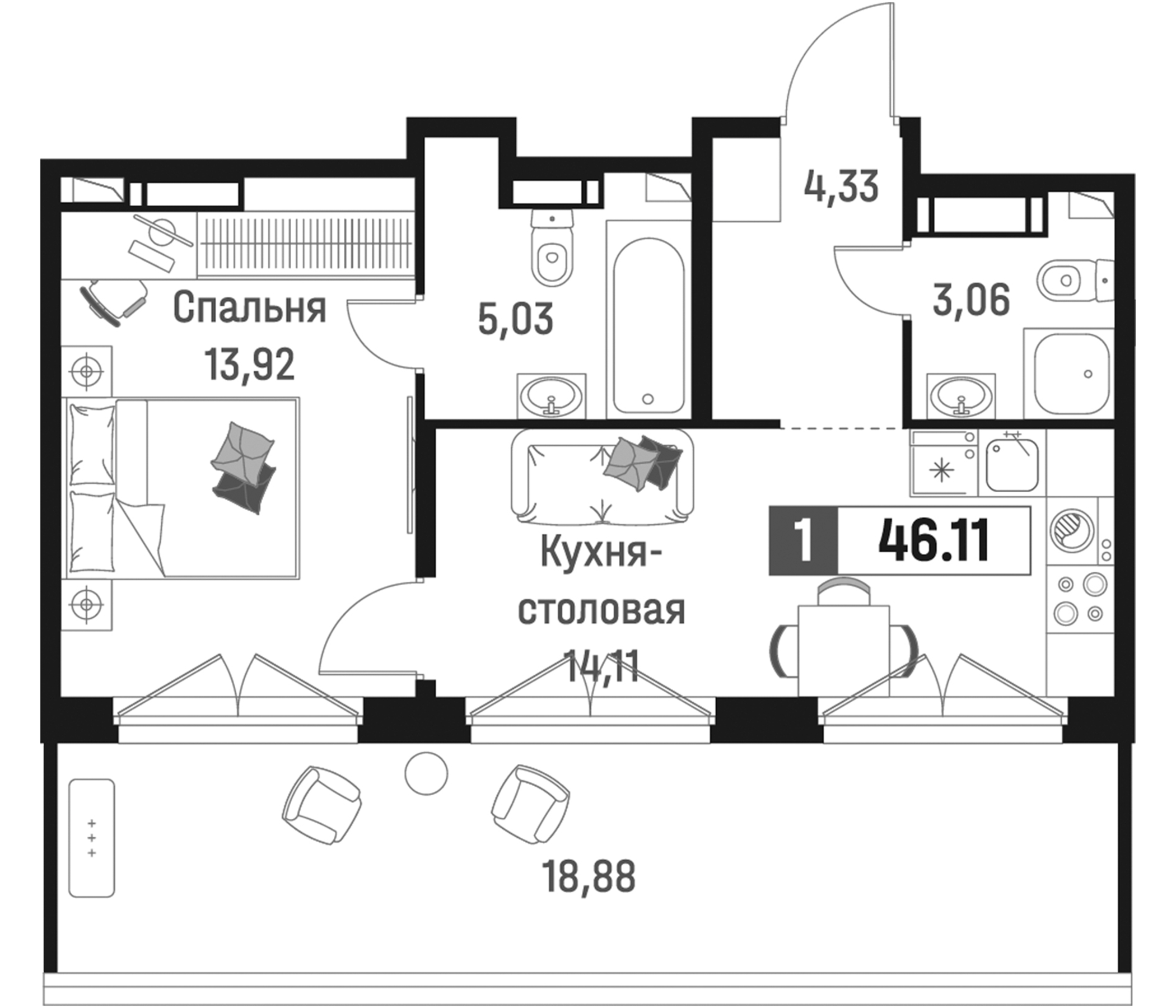Планировка — Максималист, 1-комн., 40 м²