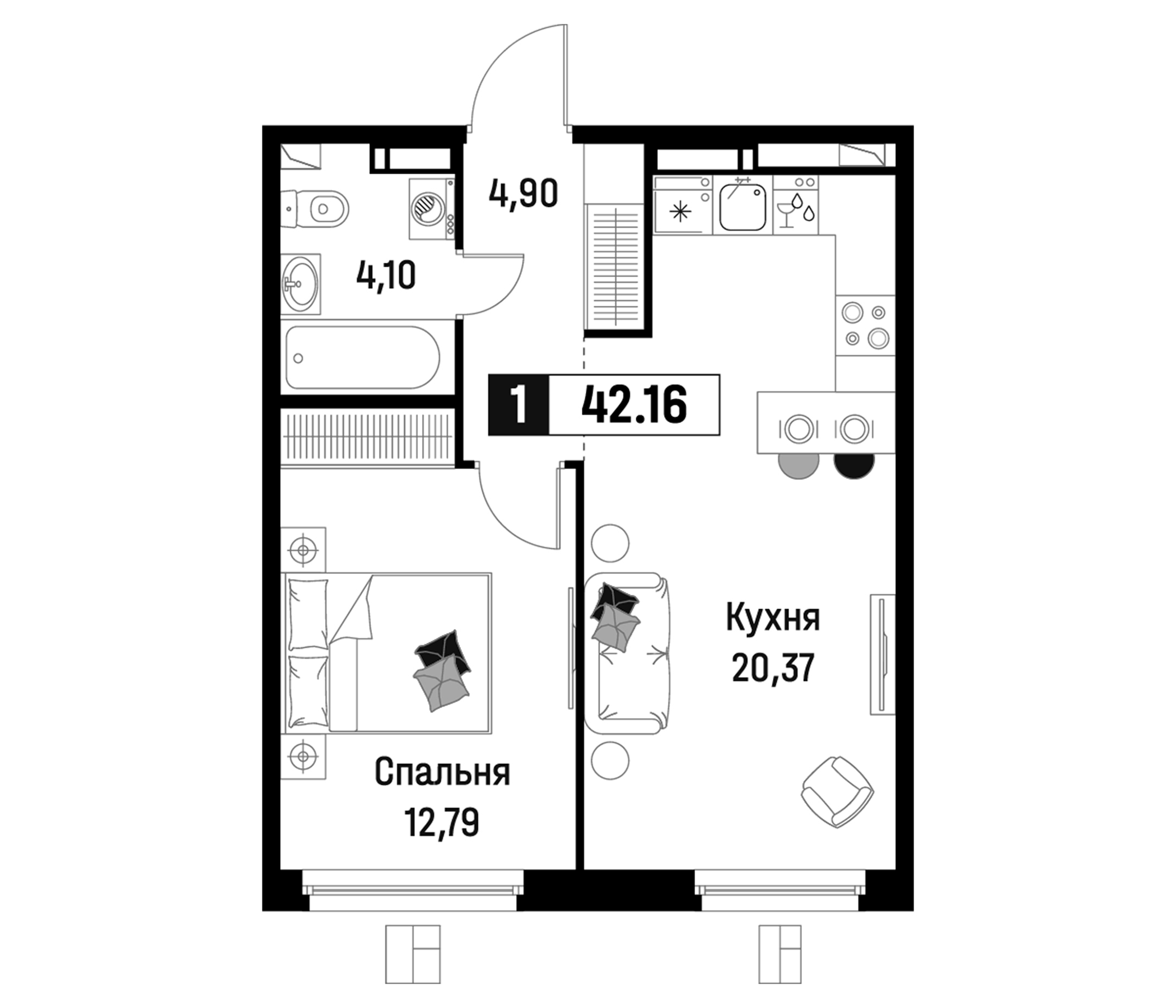 Планировка — Максималист, 2-комн., 42 м²