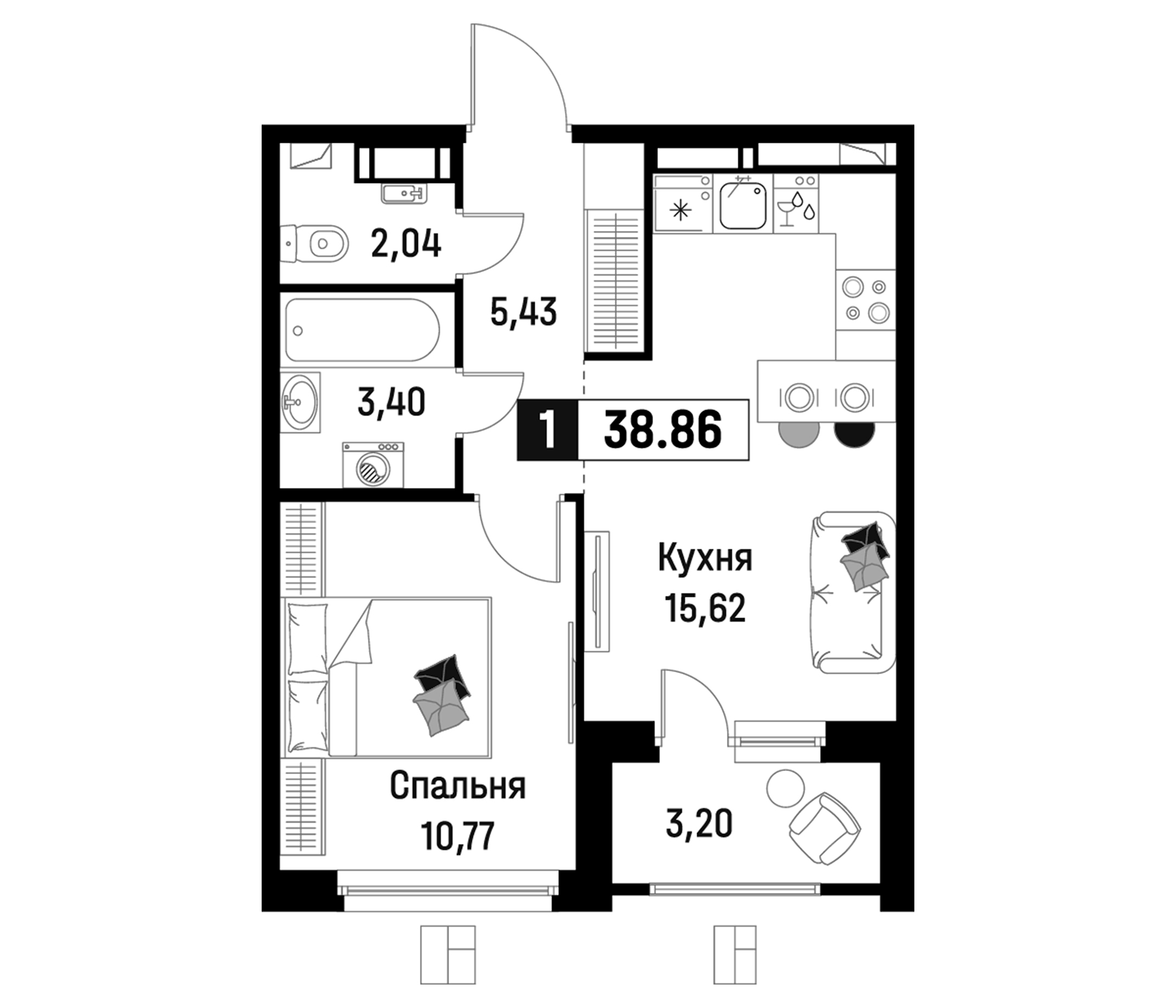 Планировка — Максималист, 2-комн., 37 м²