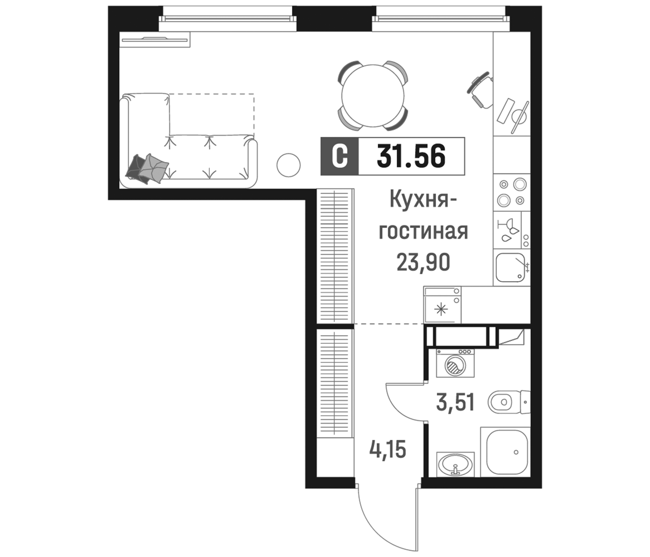 Планировка — Максималист, Студия, 32 м²
