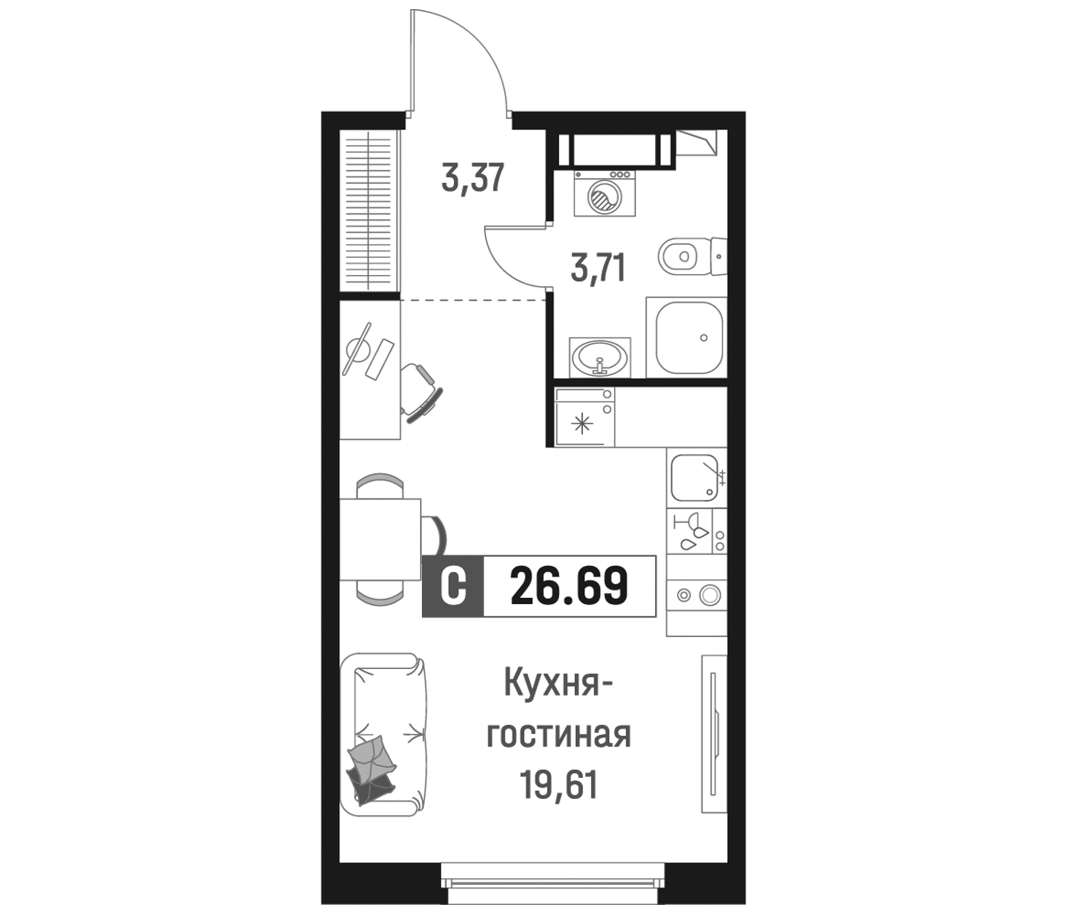 Планировка — Максималист, Студия, 27 м²