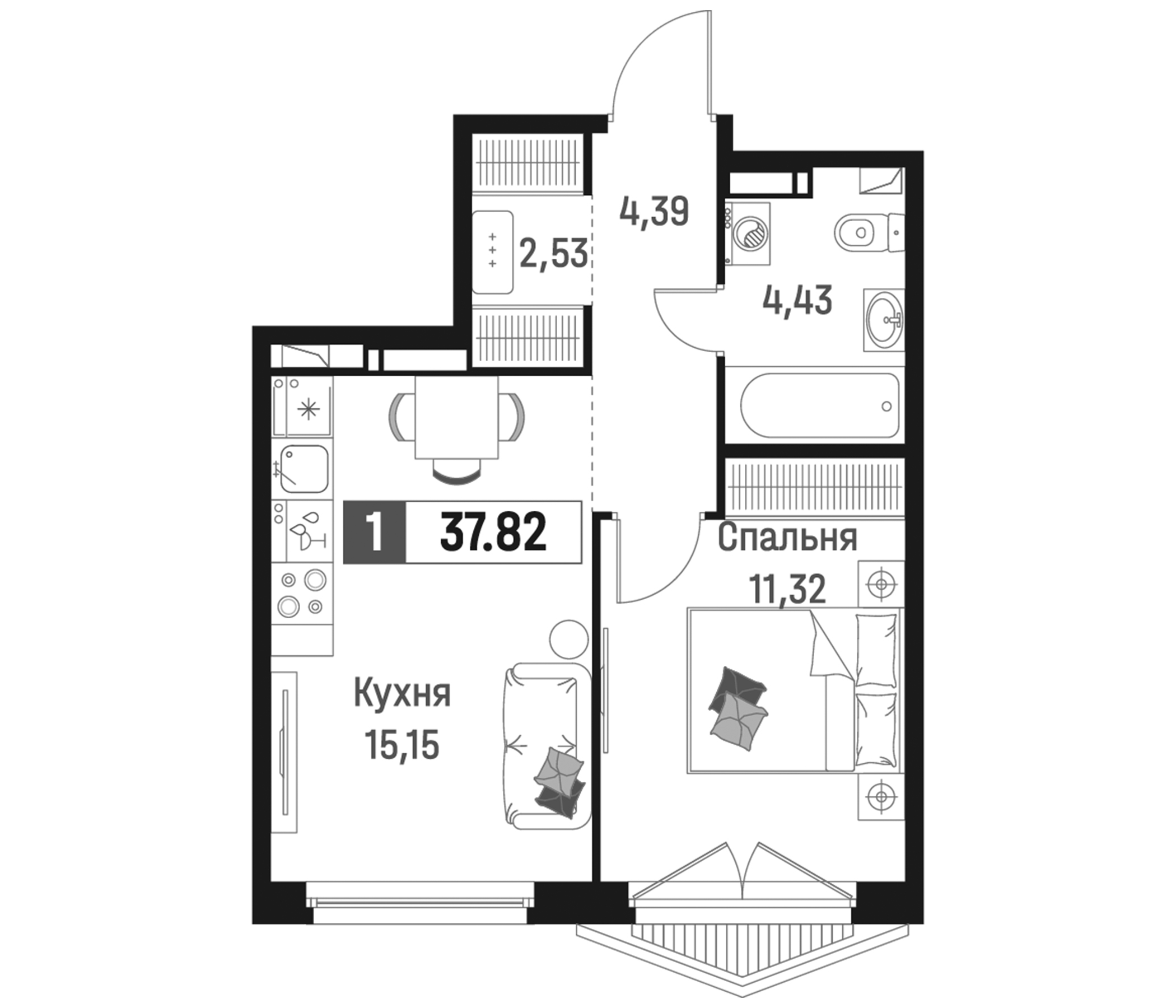 Планировка — Максималист, 2-комн., 38 м²
