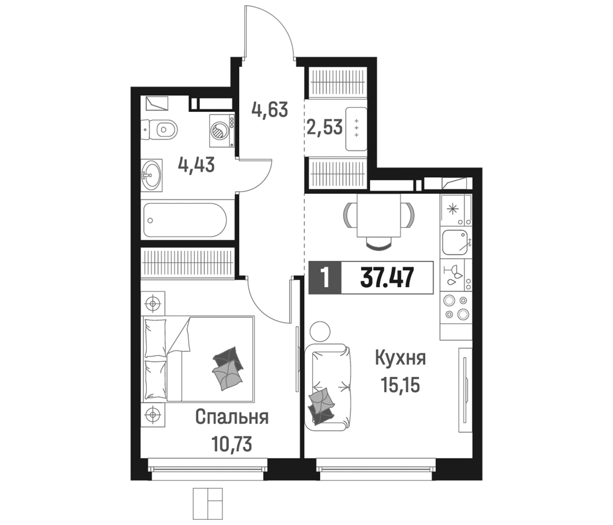 Планировка — Максималист, 2-комн., 37 м²