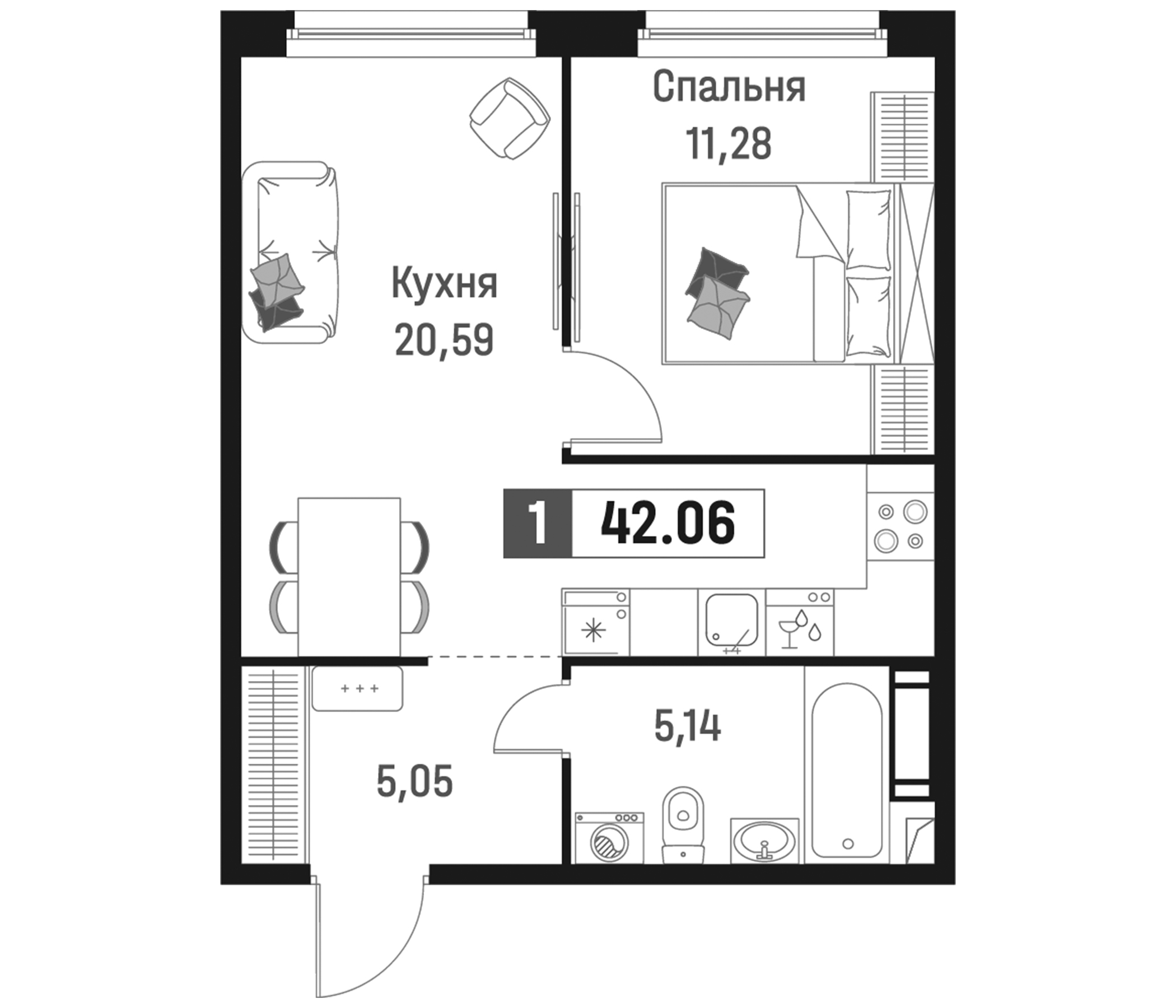 Планировка — Максималист, 2-комн., 42 м²