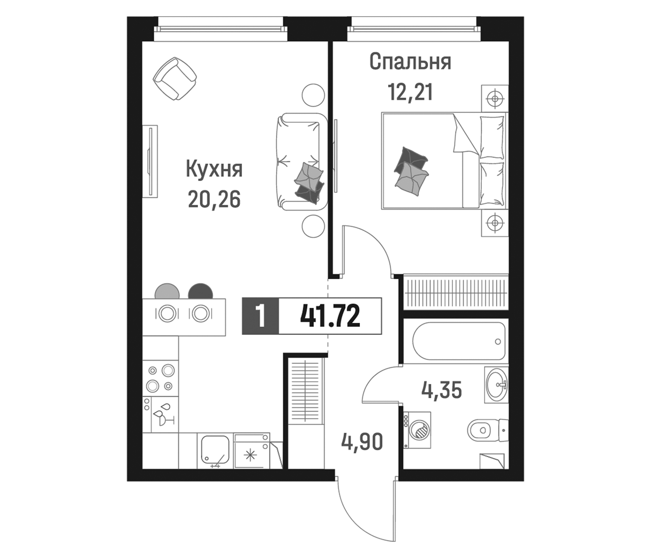 Планировка — Максималист, 2-комн., 42 м²