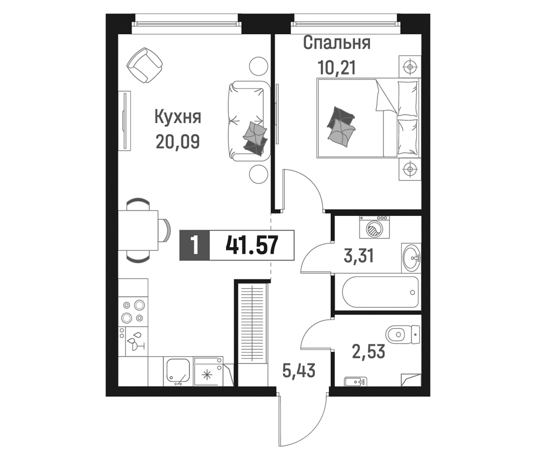 Планировка — Максималист, 2-комн., 42 м²