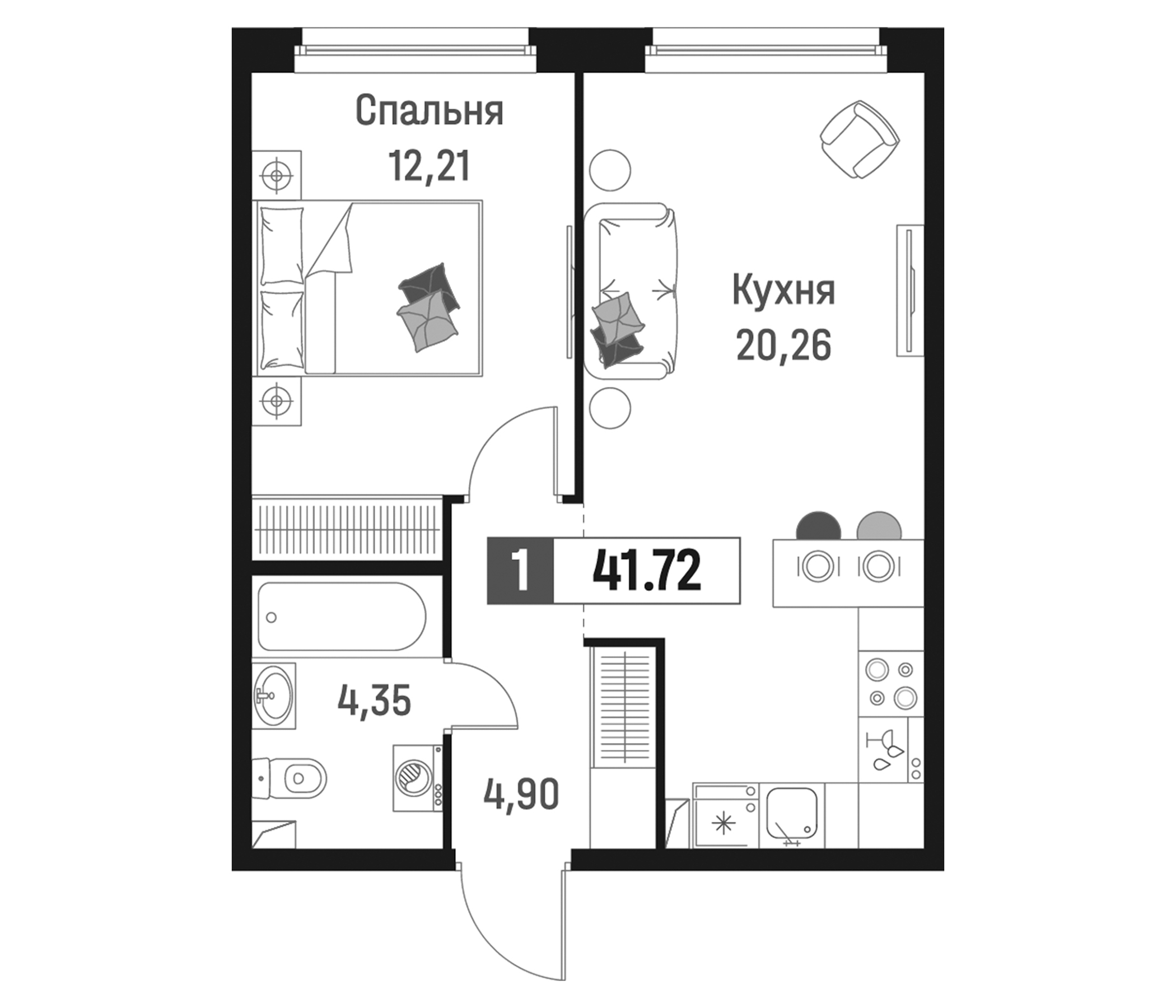 Планировка — Максималист, 2-комн., 42 м²