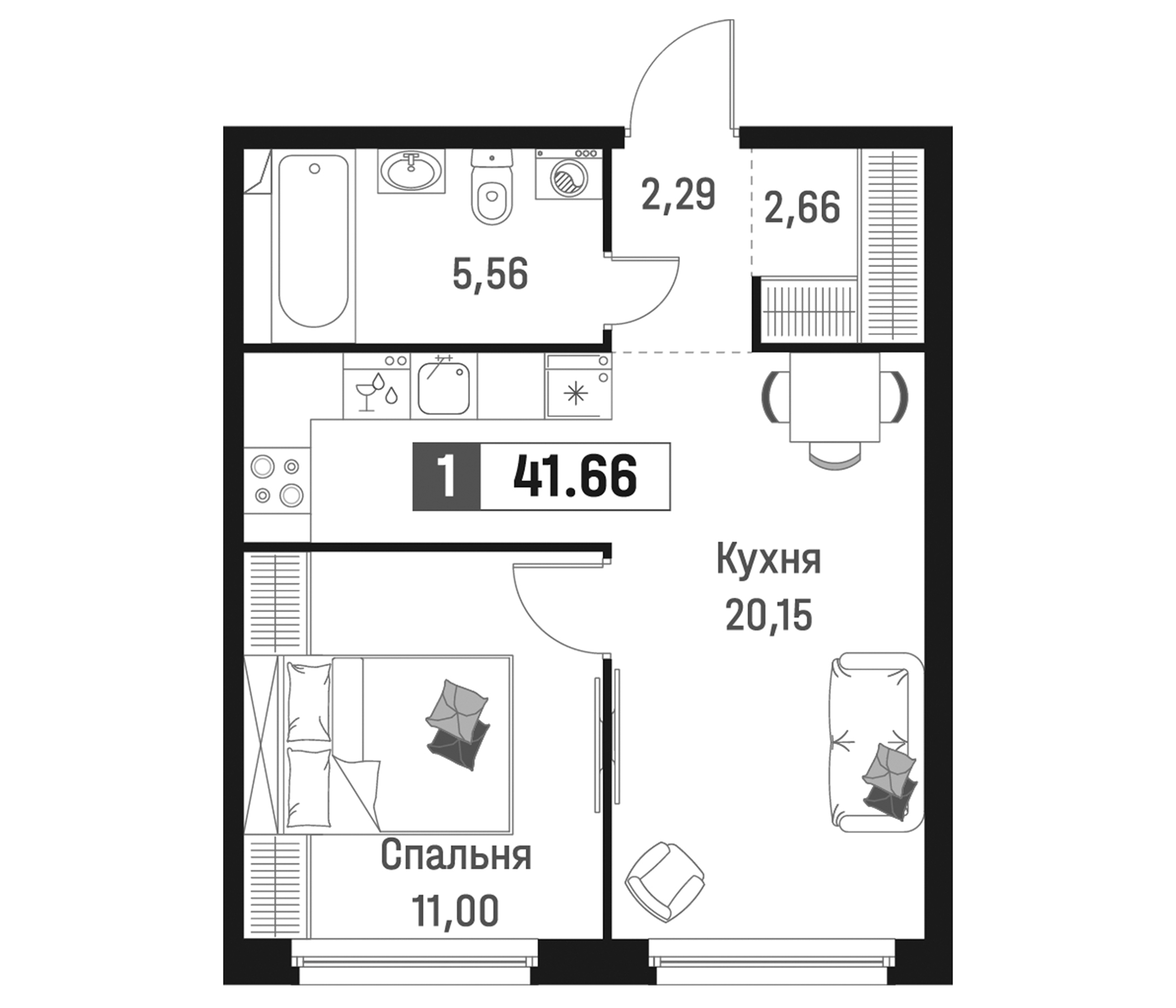 Планировка — Максималист, 2-комн., 42 м²