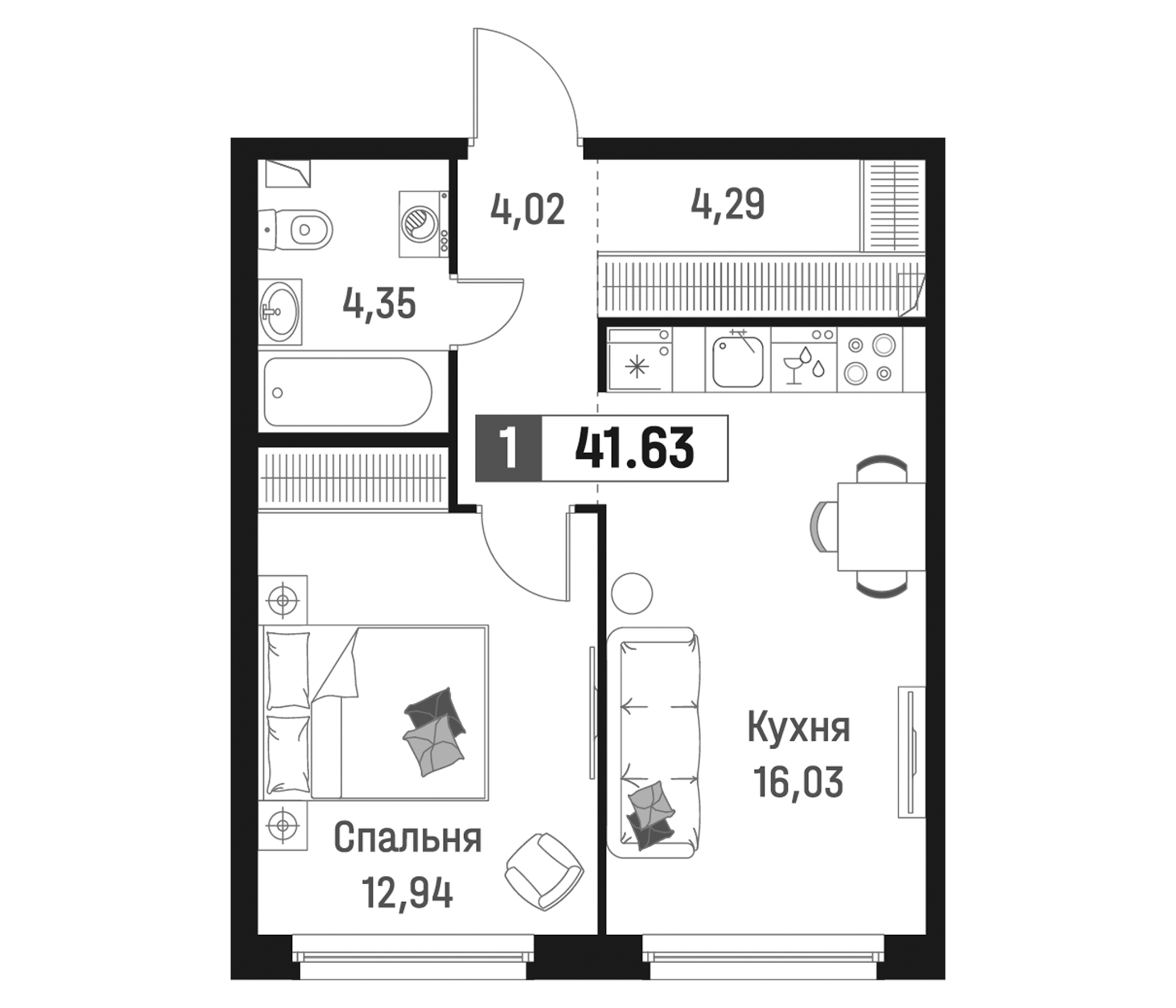 Планировка — Максималист, 2-комн., 42 м²
