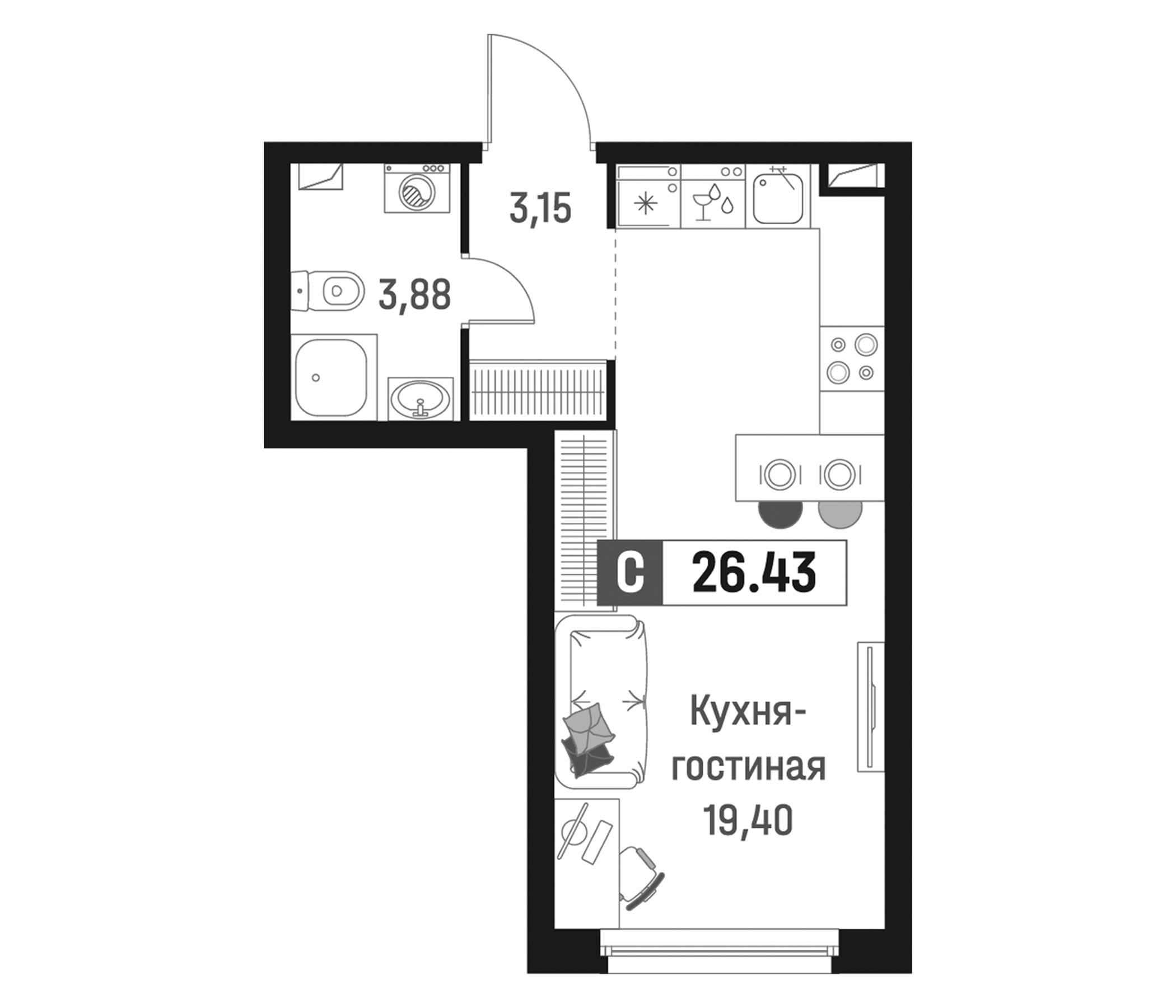 Планировка — Максималист, Студия, 26 м²