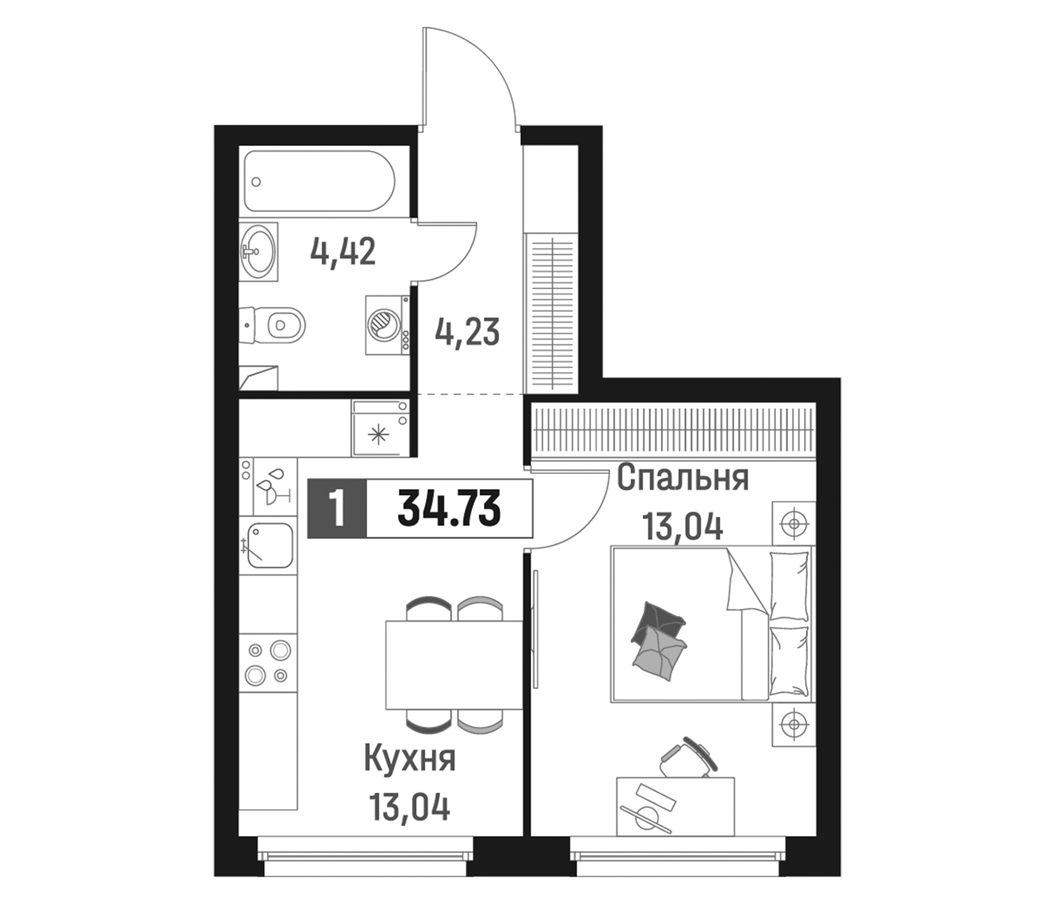 Планировка — Максималист, 1-комн., 35 м²