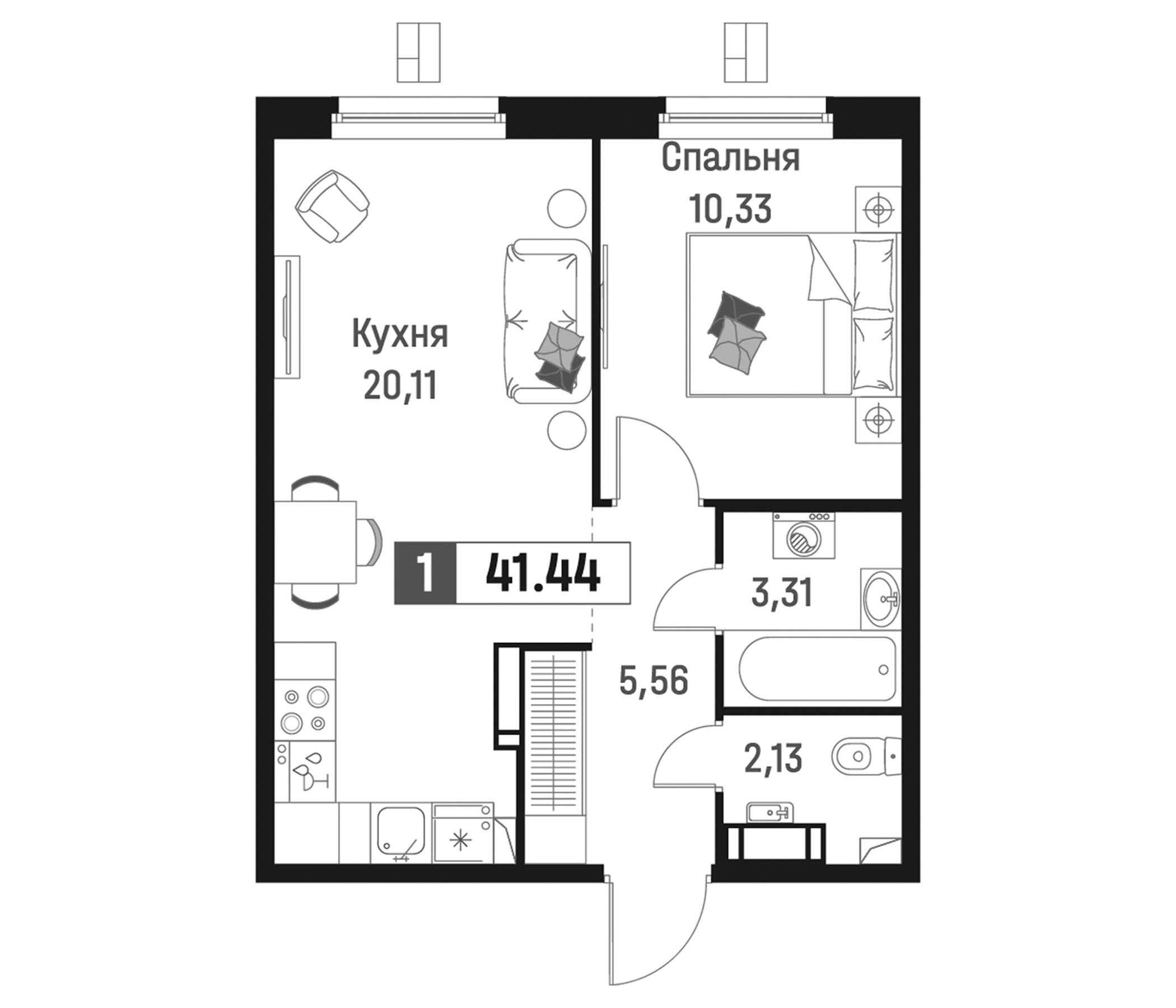 Планировка — Максималист, 2-комн., 41 м²