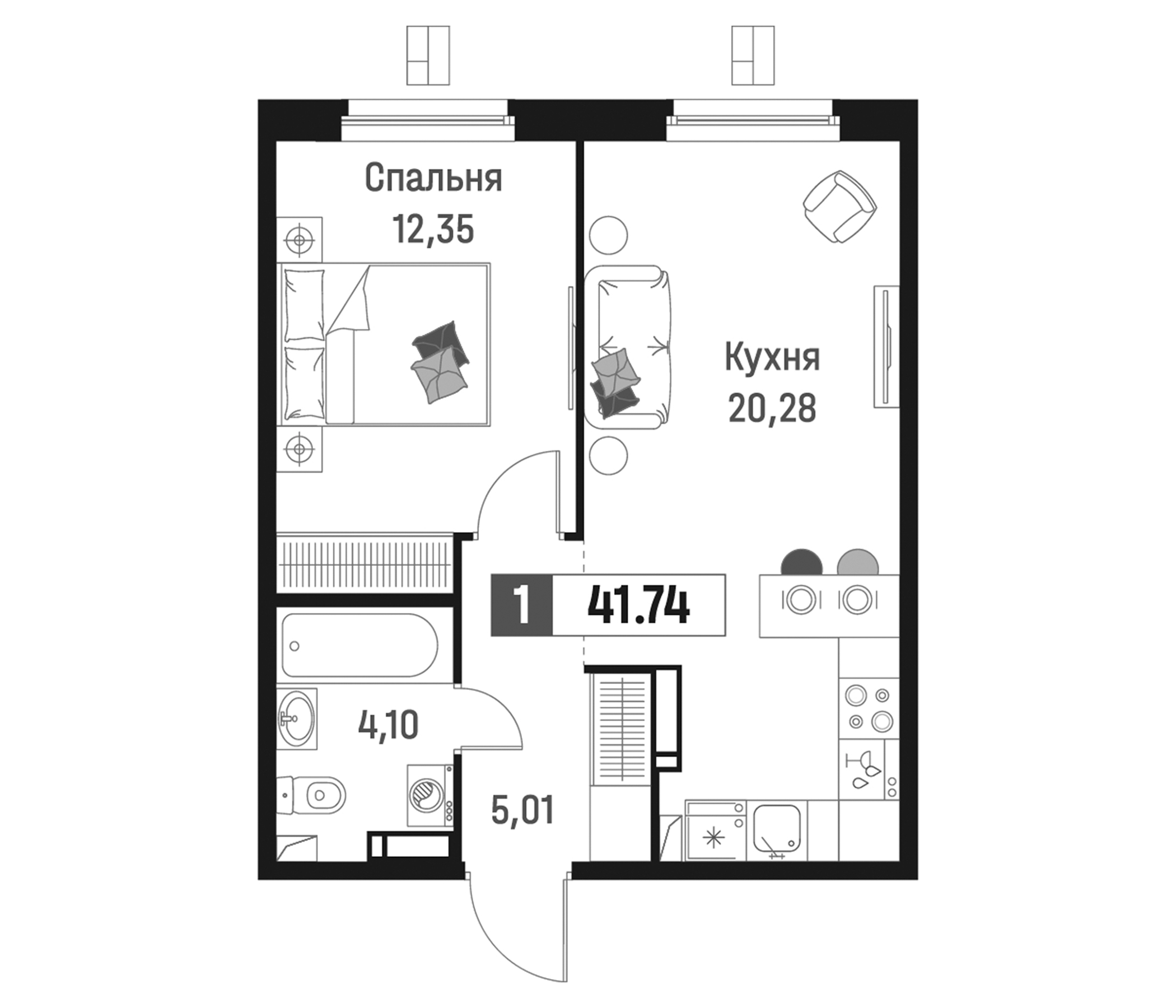 Планировка — Максималист, 2-комн., 42 м²
