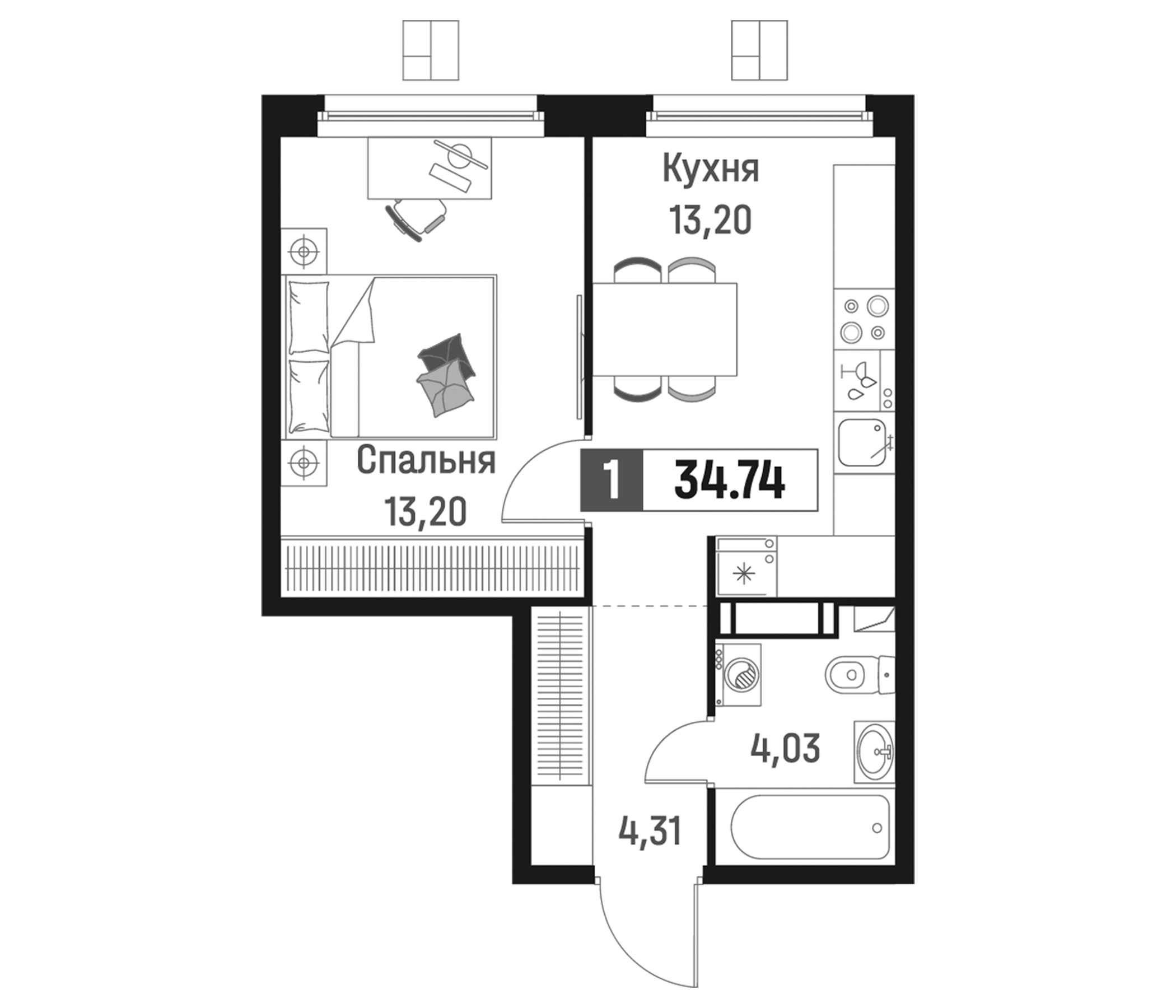 Планировка — Максималист, 1-комн., 35 м²