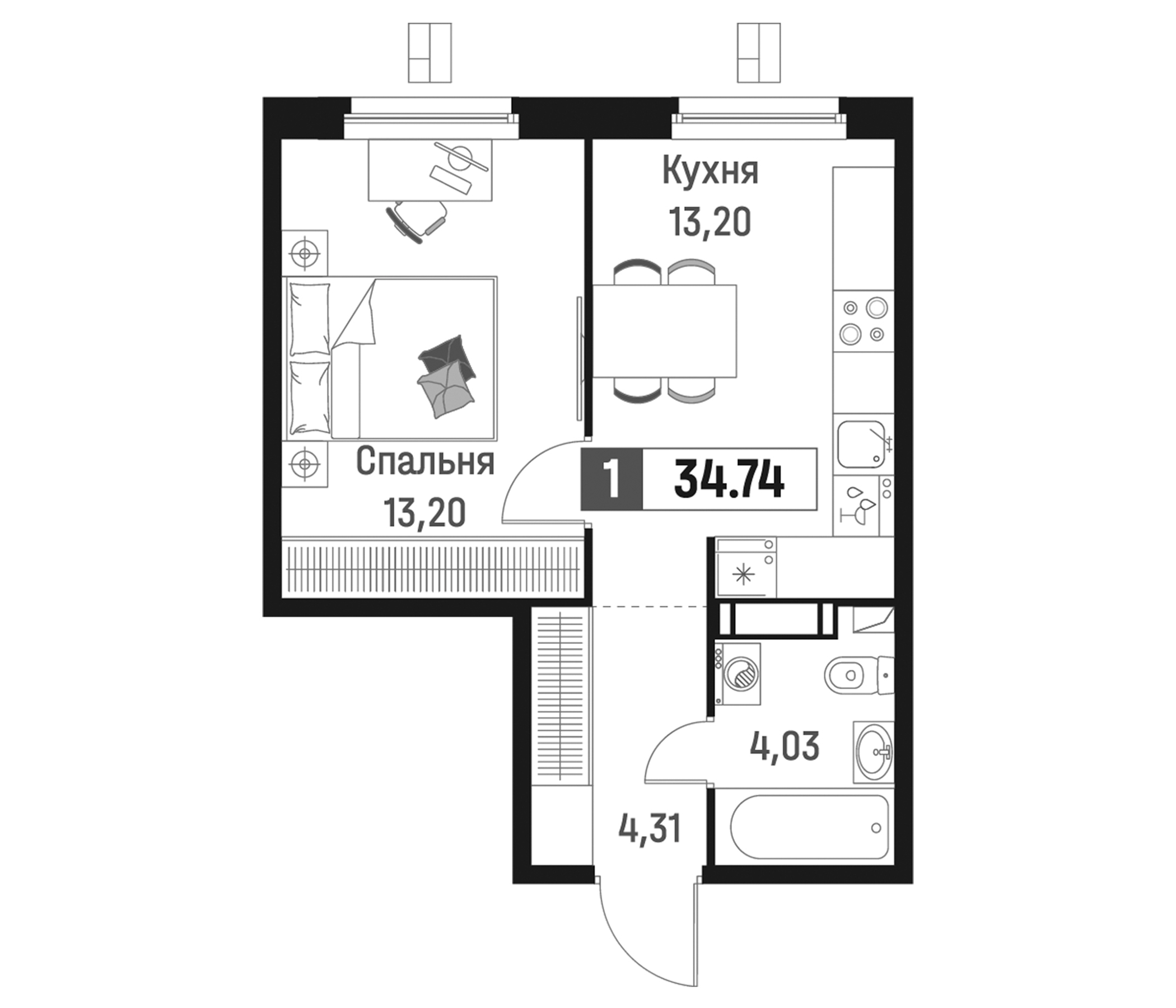 Планировка — Максималист, 1-комн., 35 м²