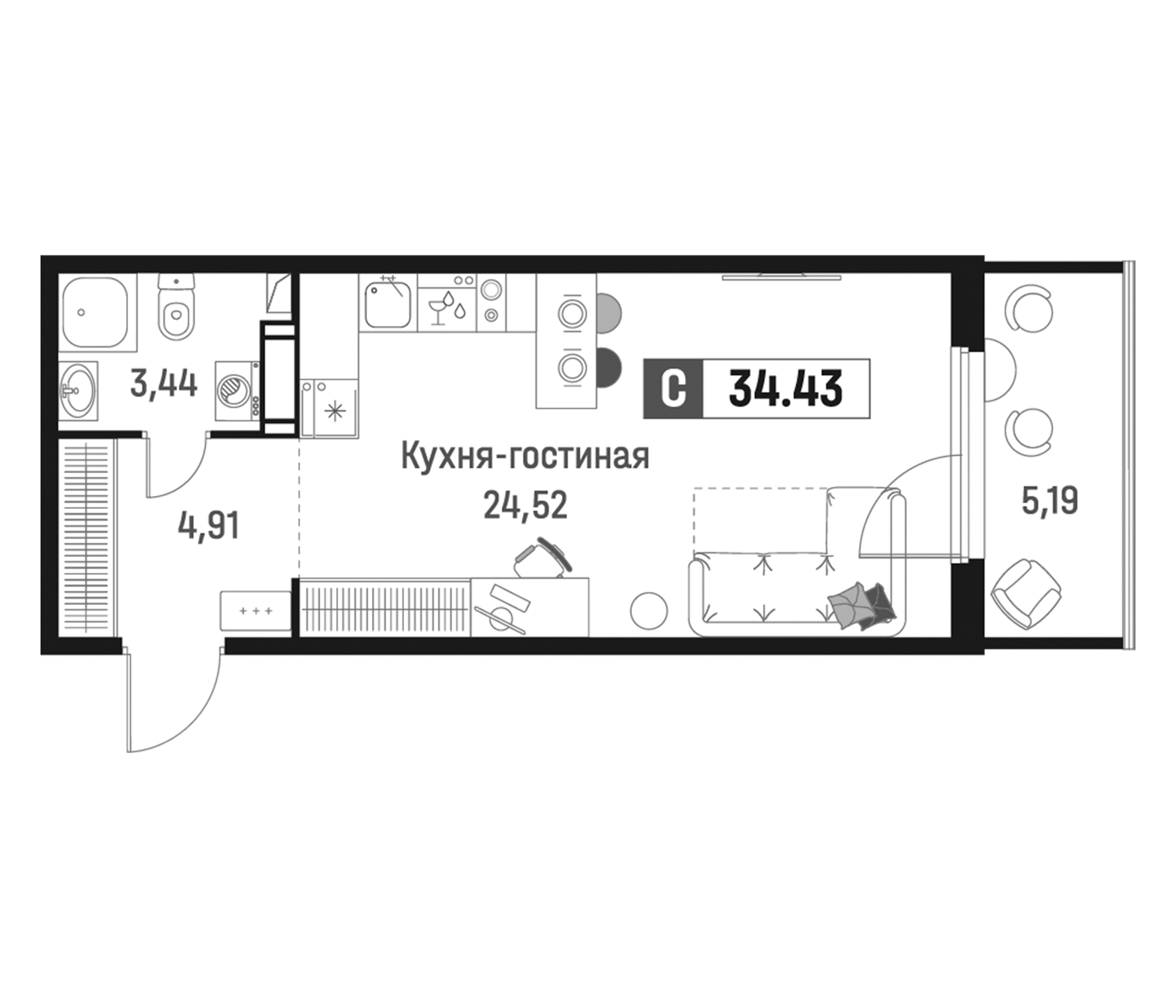 Планировка — Максималист, Студия, 33 м²