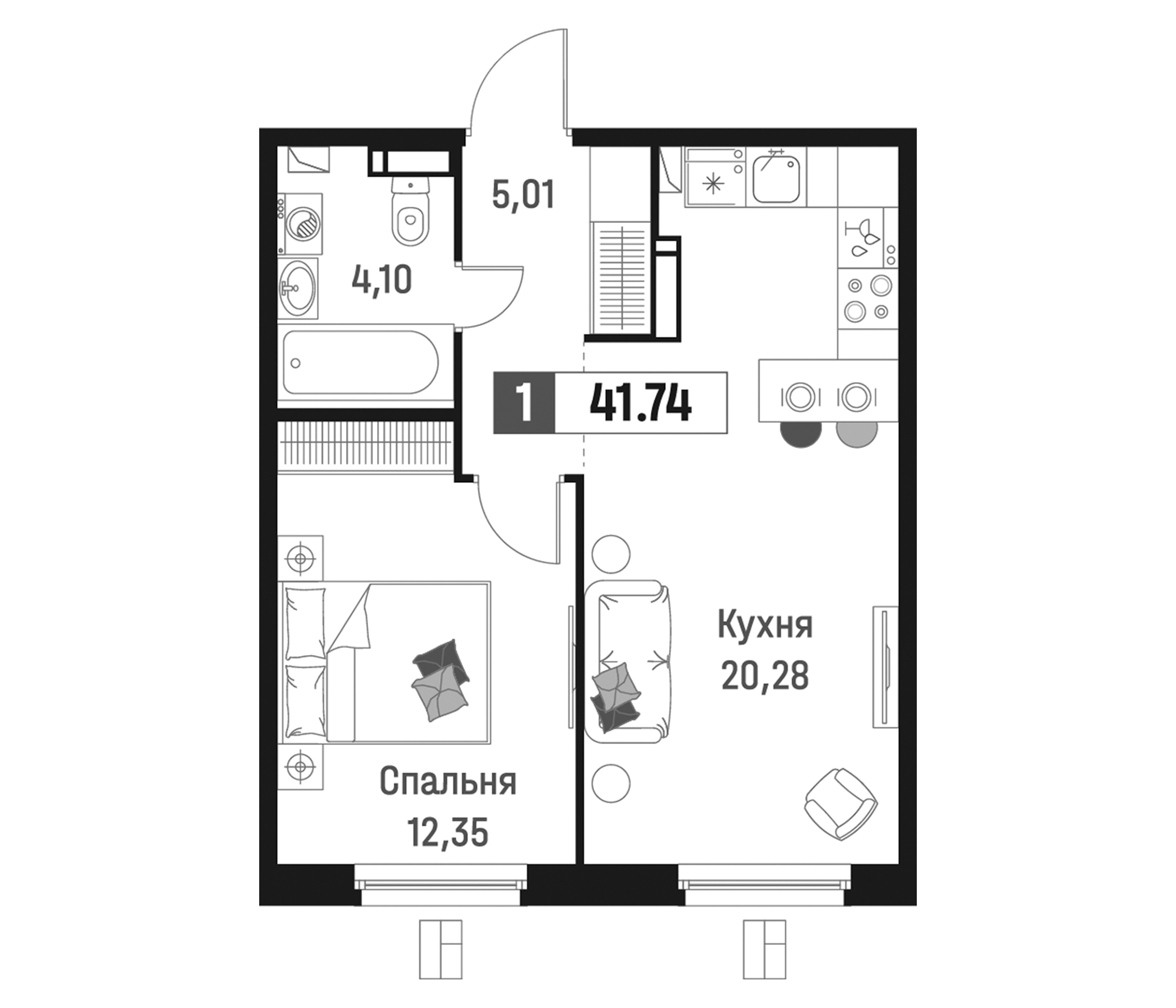 Планировка — Максималист, 2-комн., 42 м²