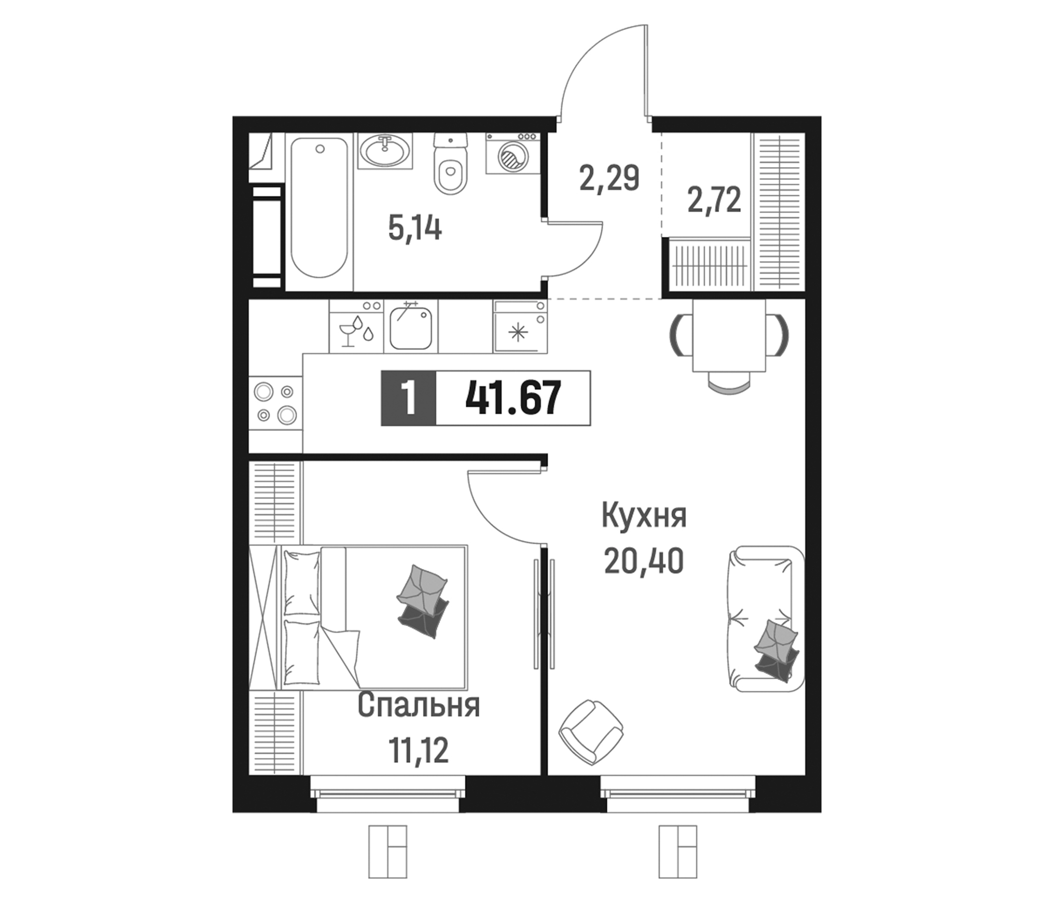 Планировка — Максималист, 2-комн., 42 м²