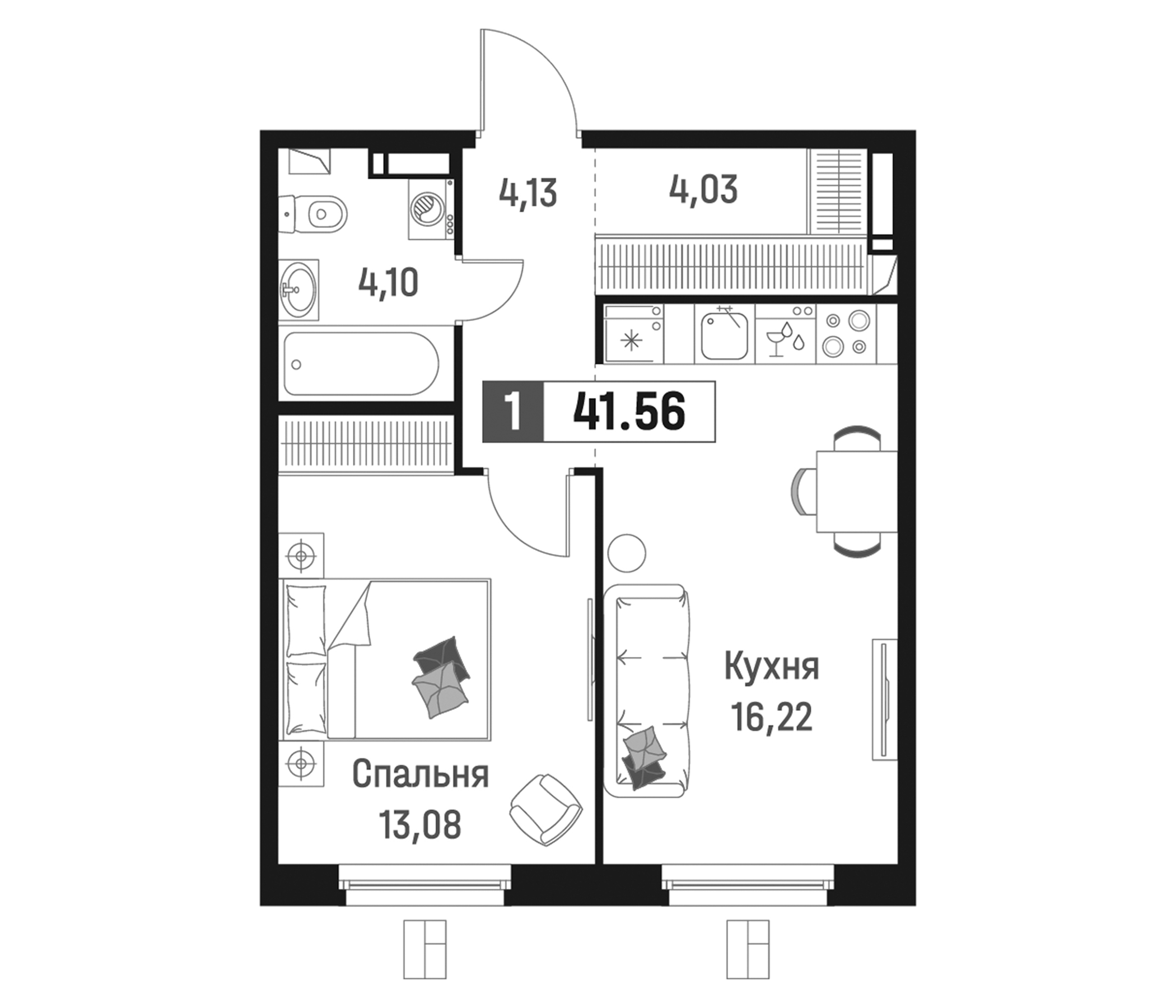 Планировка — Максималист, 2-комн., 42 м²