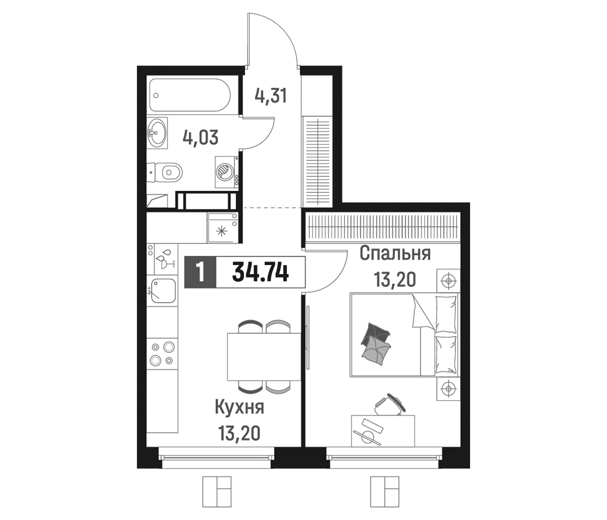 Планировка — Максималист, 1-комн., 35 м²