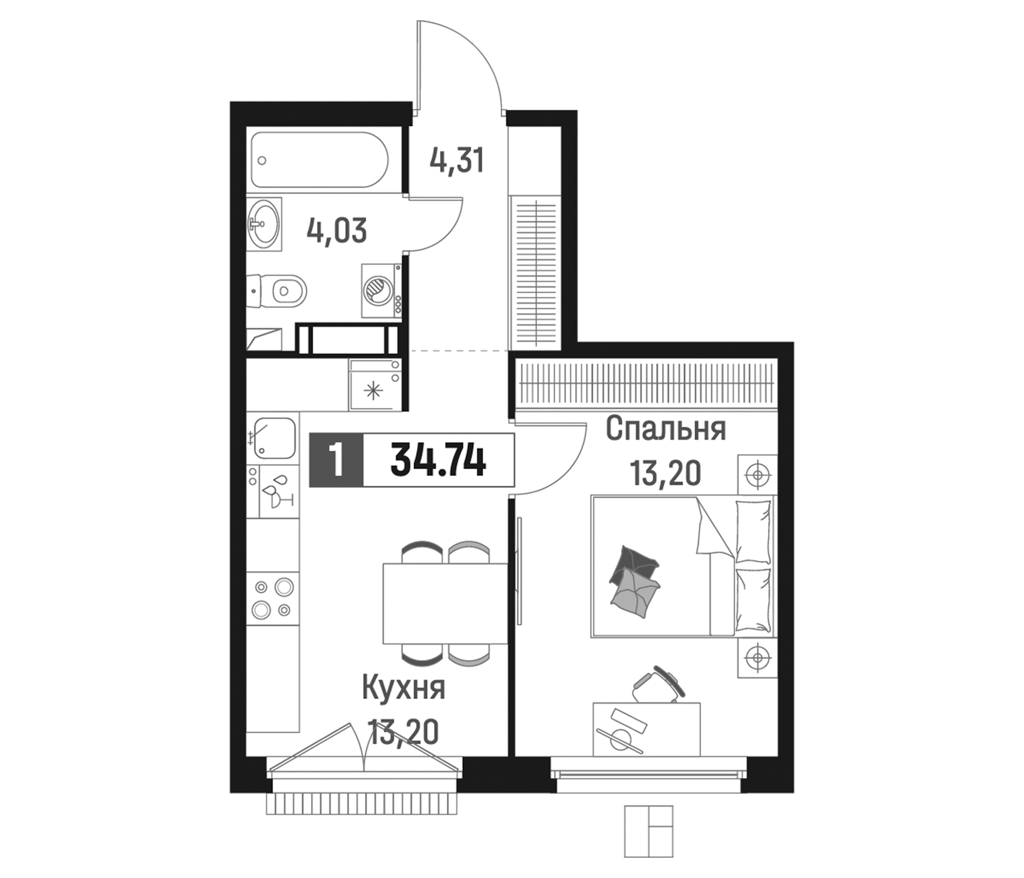 Планировка — Максималист, 1-комн., 35 м²