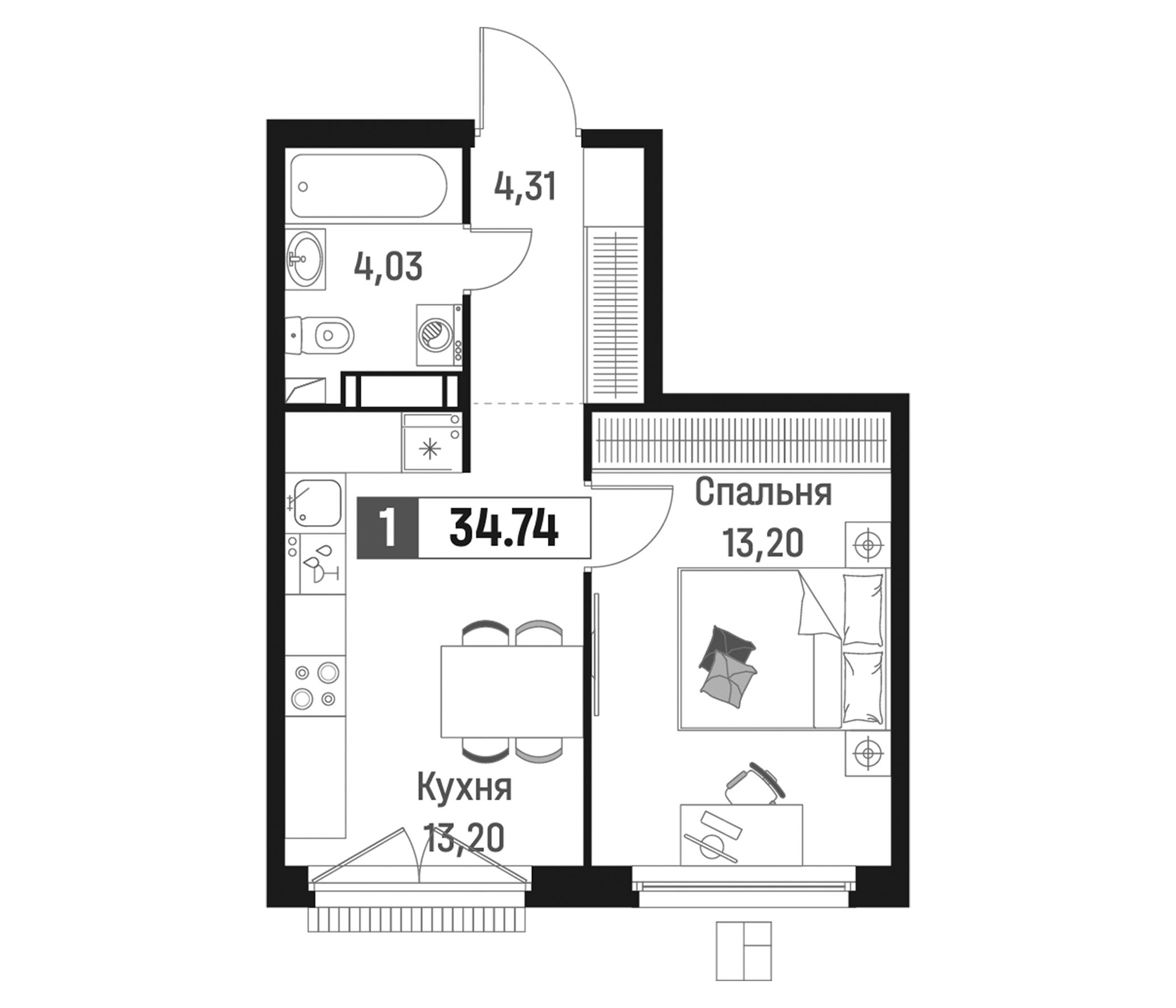 Планировка — Максималист, 1-комн., 35 м²