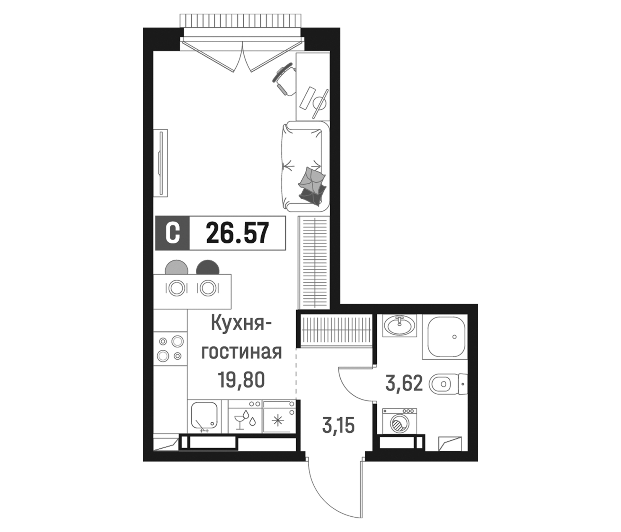 Планировка — Максималист, Студия, 27 м²