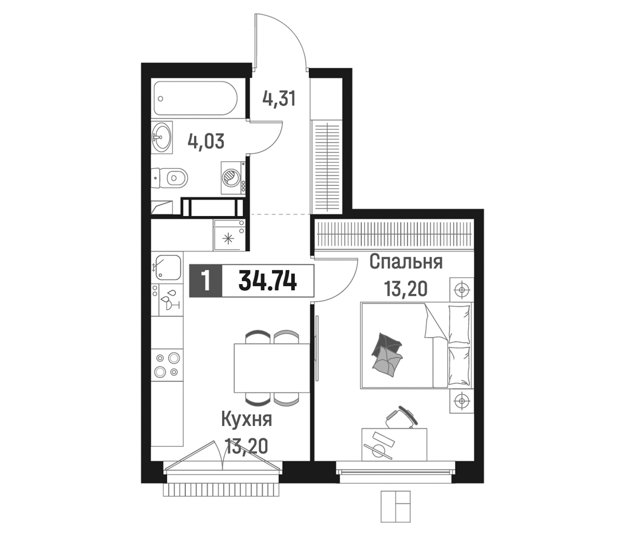 Планировка — Максималист, 1-комн., 35 м²