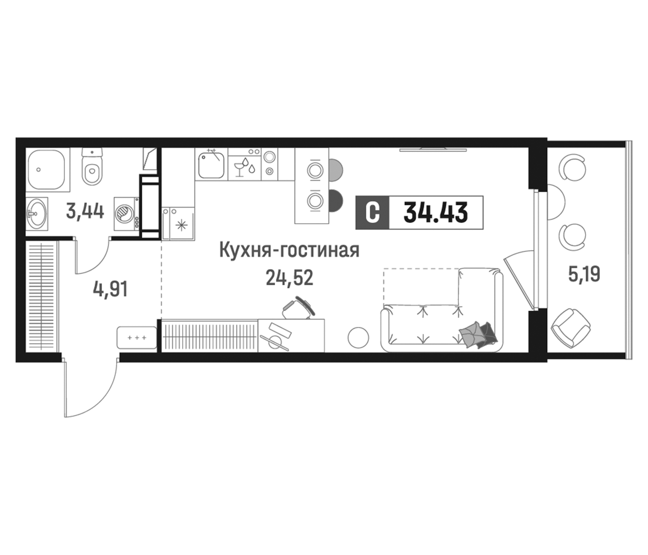 Планировка — Максималист, Студия, 33 м²