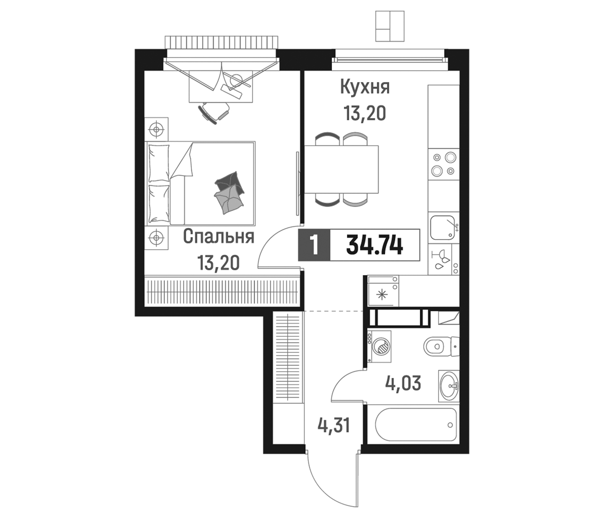 Планировка — Максималист, 1-комн., 35 м²