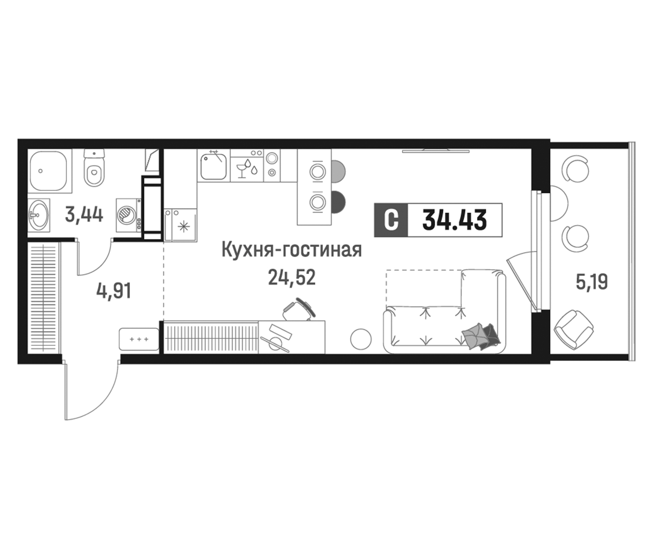 Планировка — Максималист, Студия, 33 м²