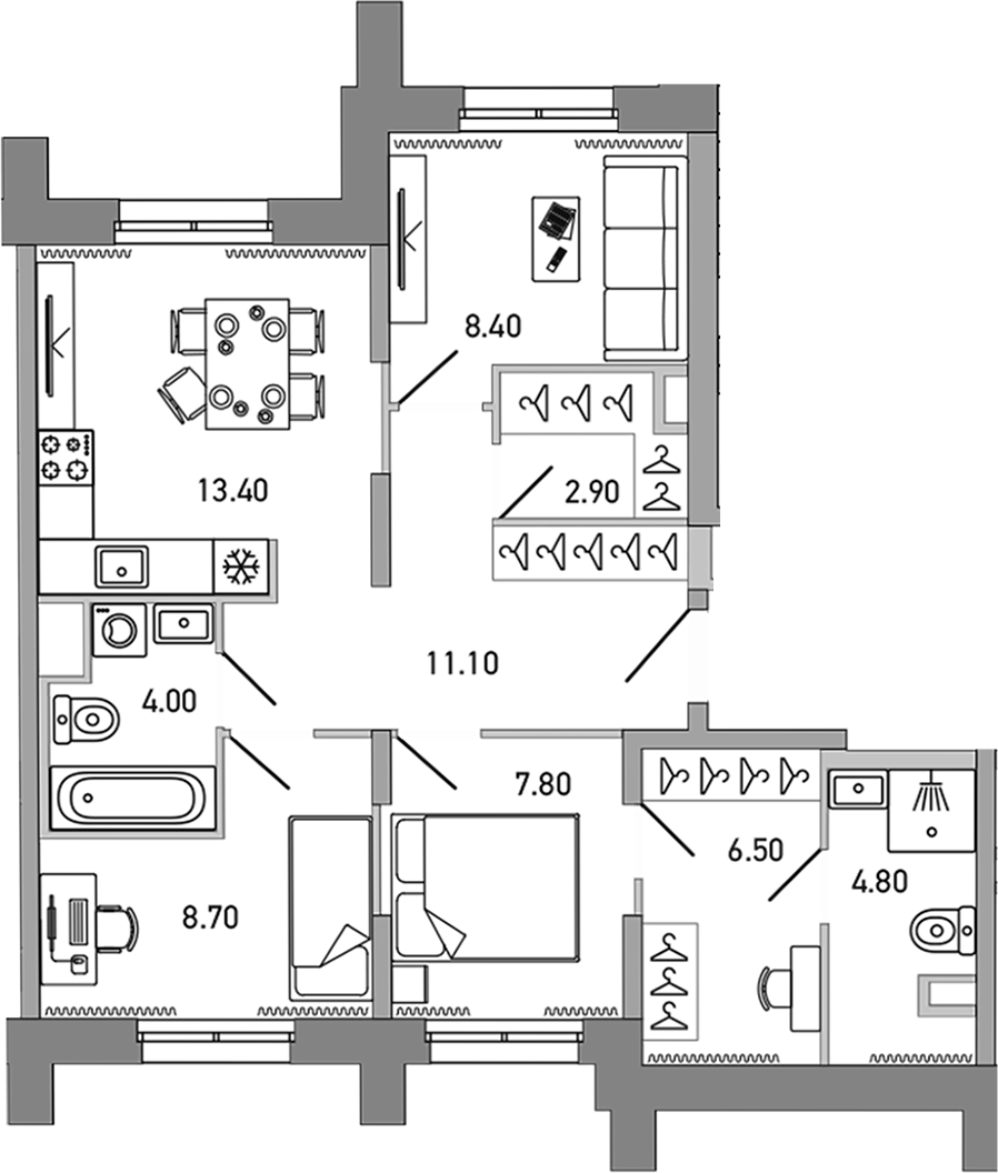 Планировка — LOVO, 4-комн., 68 м²