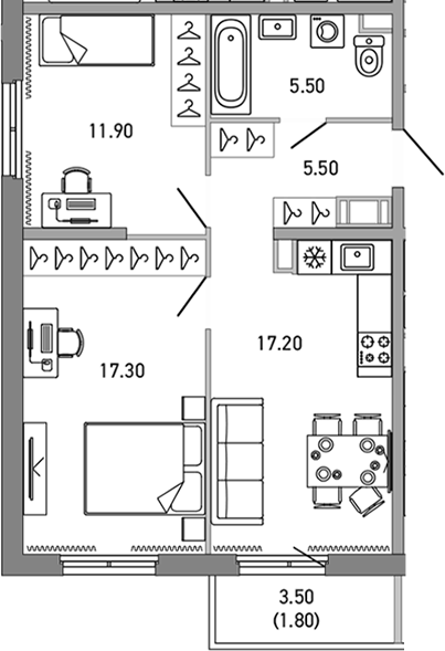 Планировка — LOVO, 2-комн., 57 м²