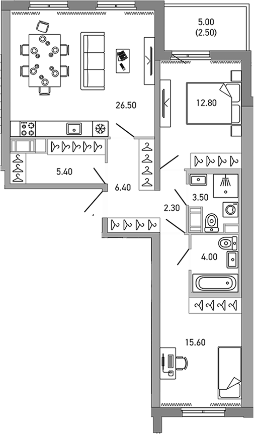 Планировка — LOVO, 3-комн., 77 м²