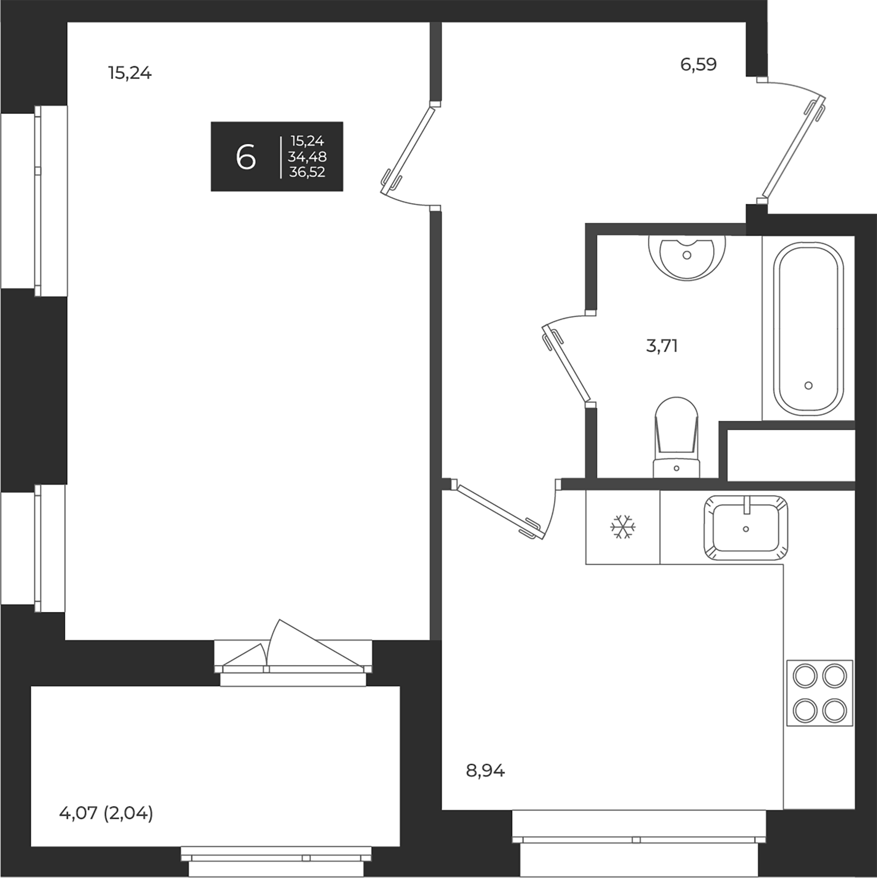 Планировка — Новатория, 1-комн., 34 м²
