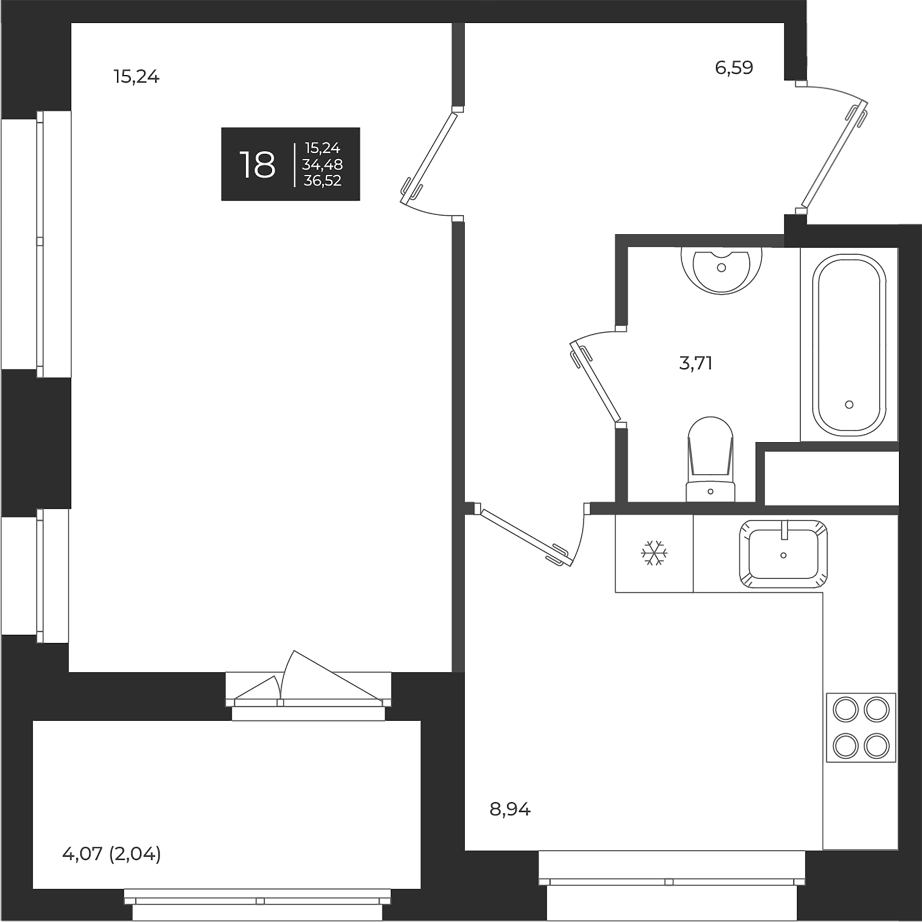 Планировка — Новатория, 1-комн., 34 м²