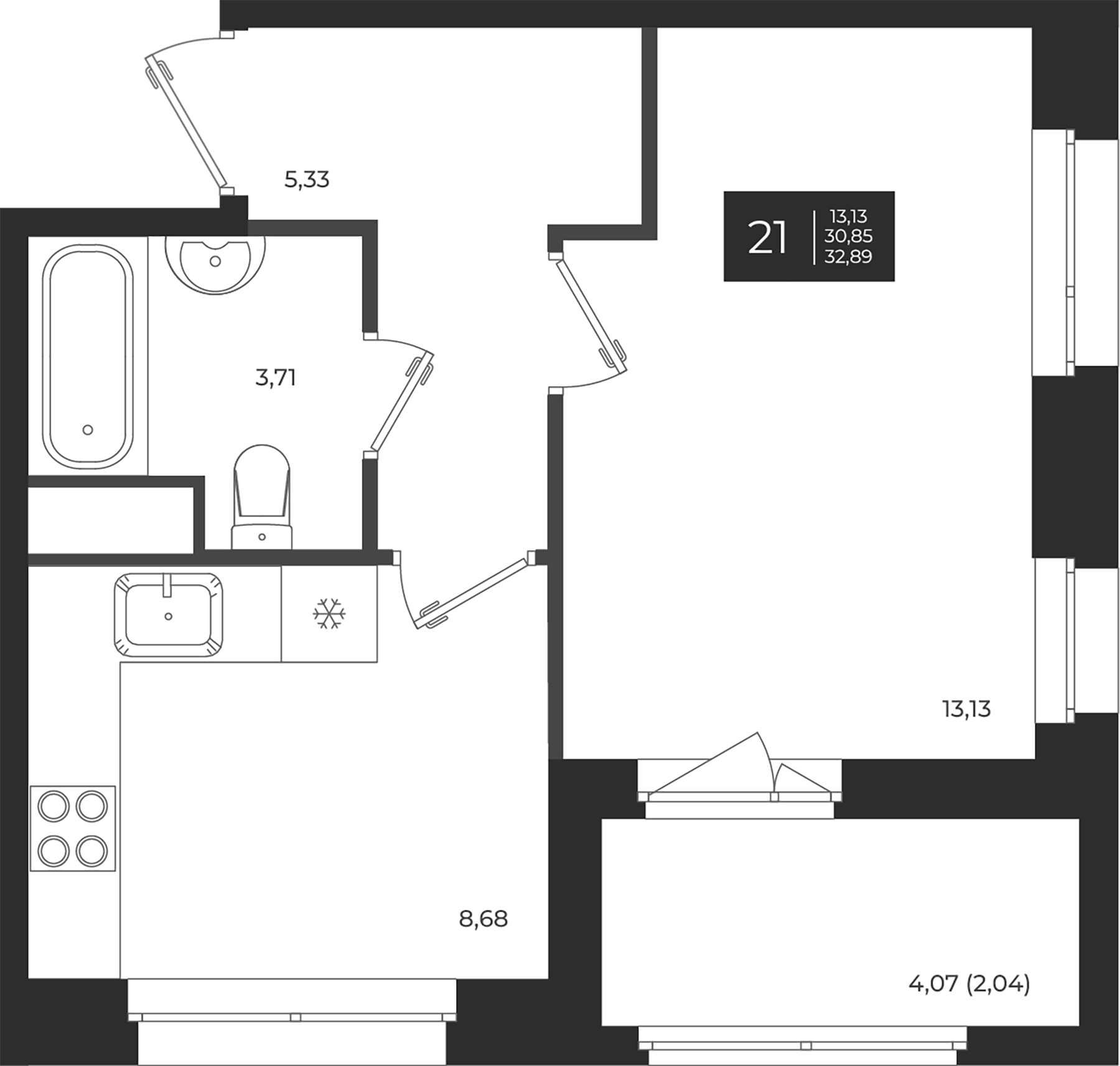 Планировка — Новатория, 1-комн., 31 м²