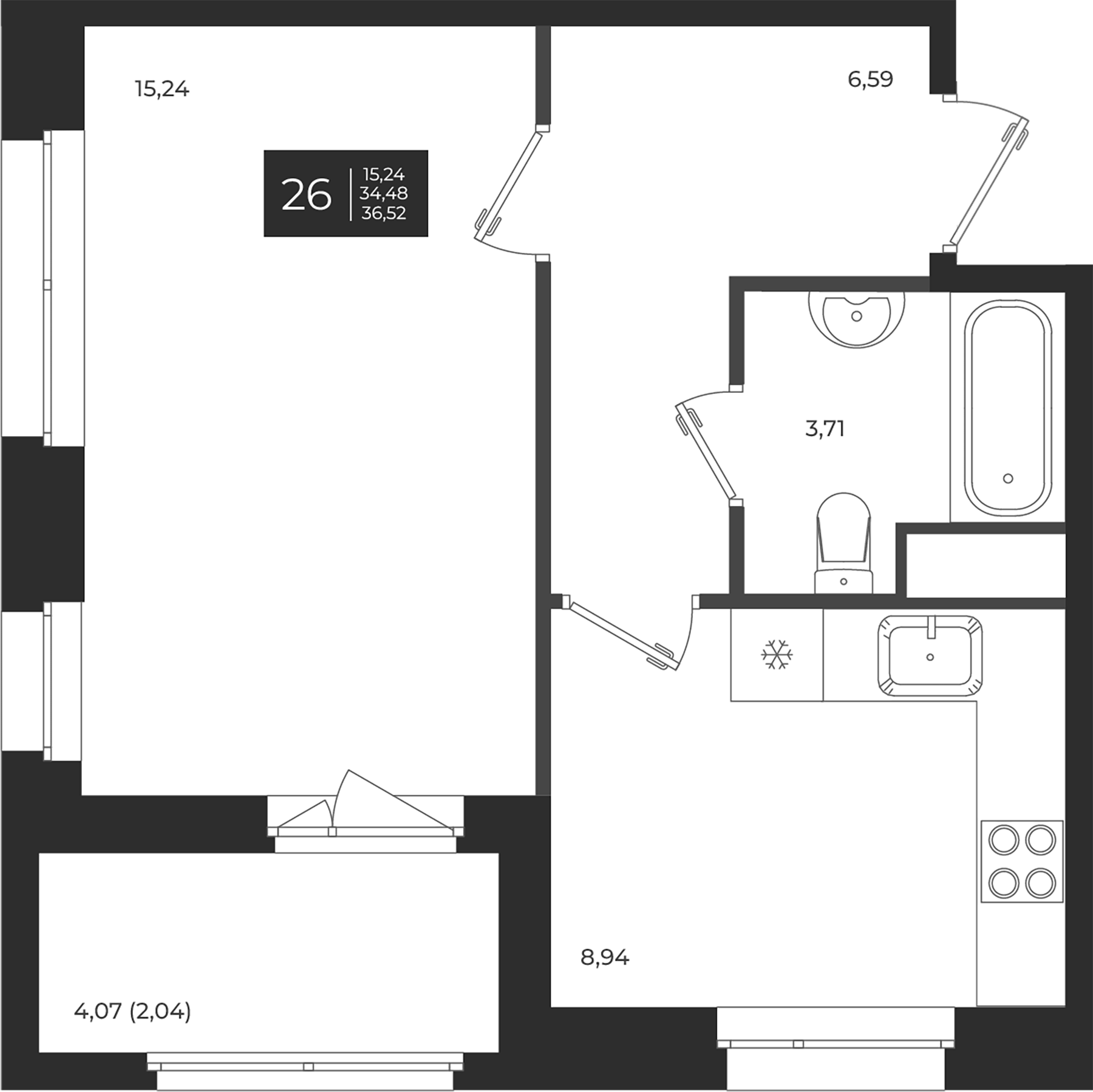 Планировка — Новатория, 1-комн., 34 м²