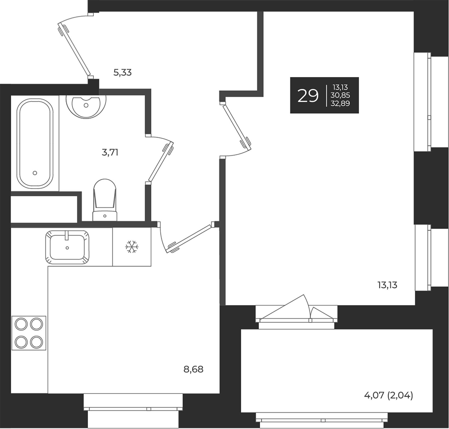 Планировка — Новатория, 1-комн., 31 м²