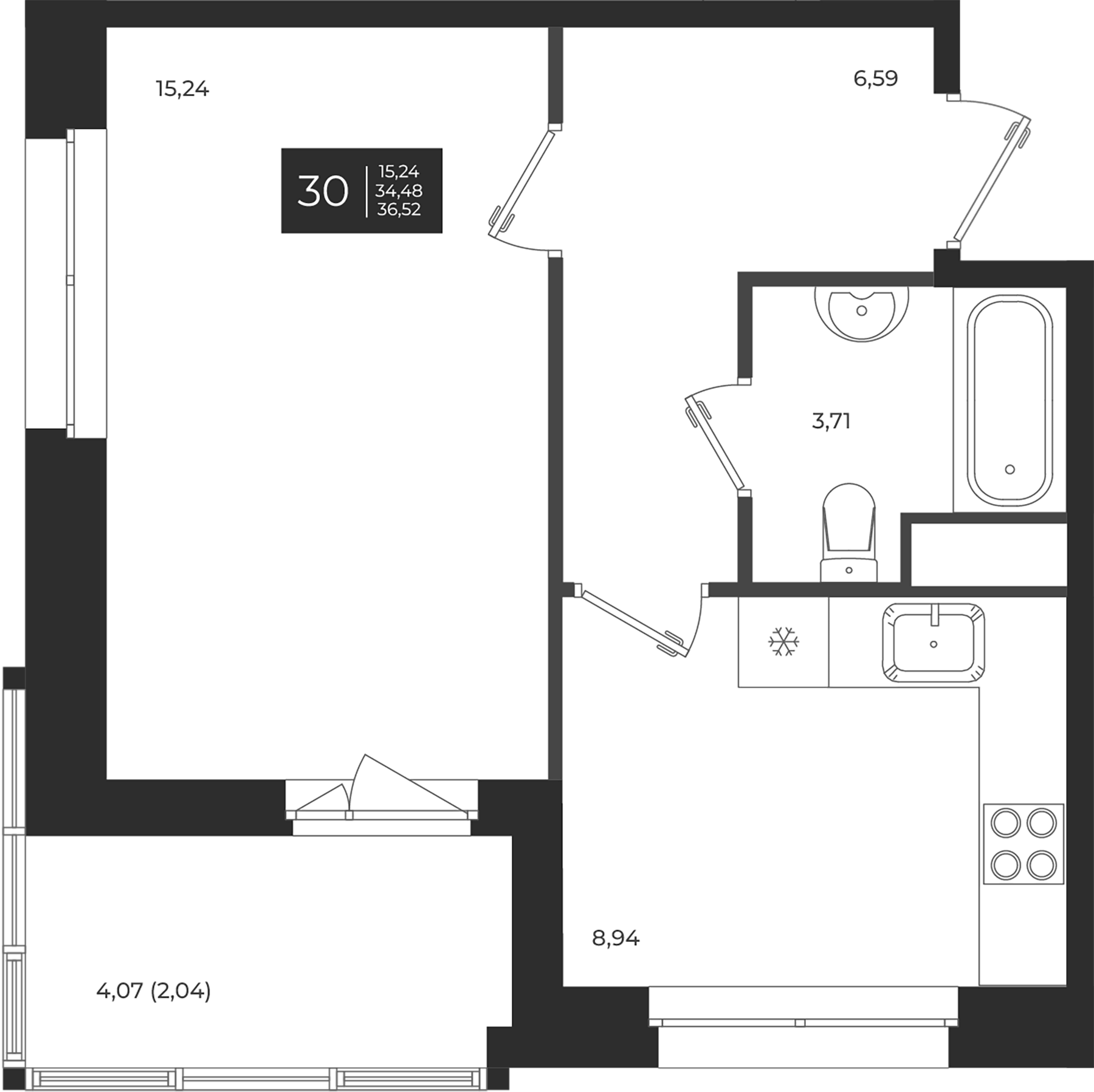 Планировка — Новатория, 1-комн., 34 м²