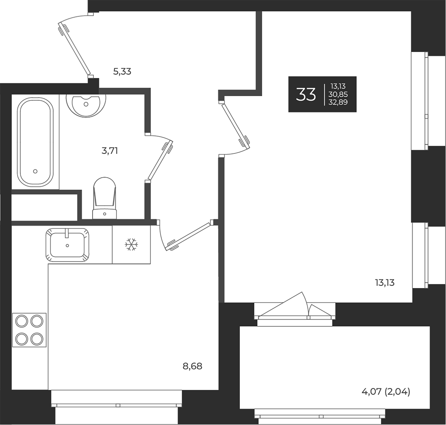 Планировка — Новатория, 1-комн., 31 м²