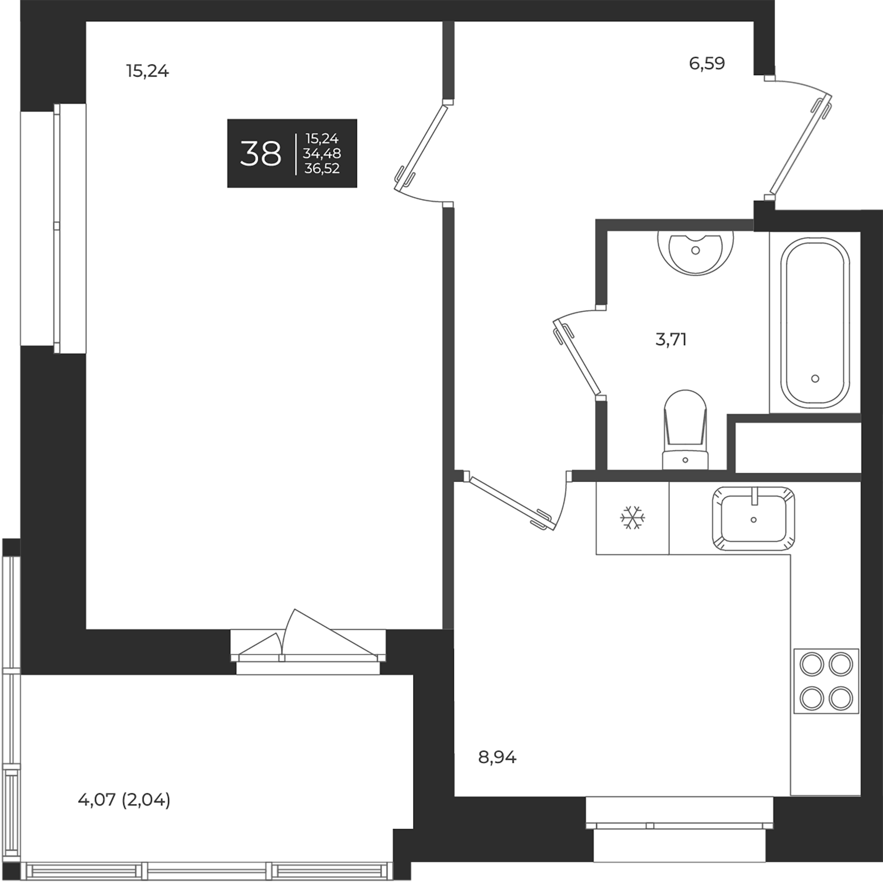 Планировка — Новатория, 1-комн., 34 м²