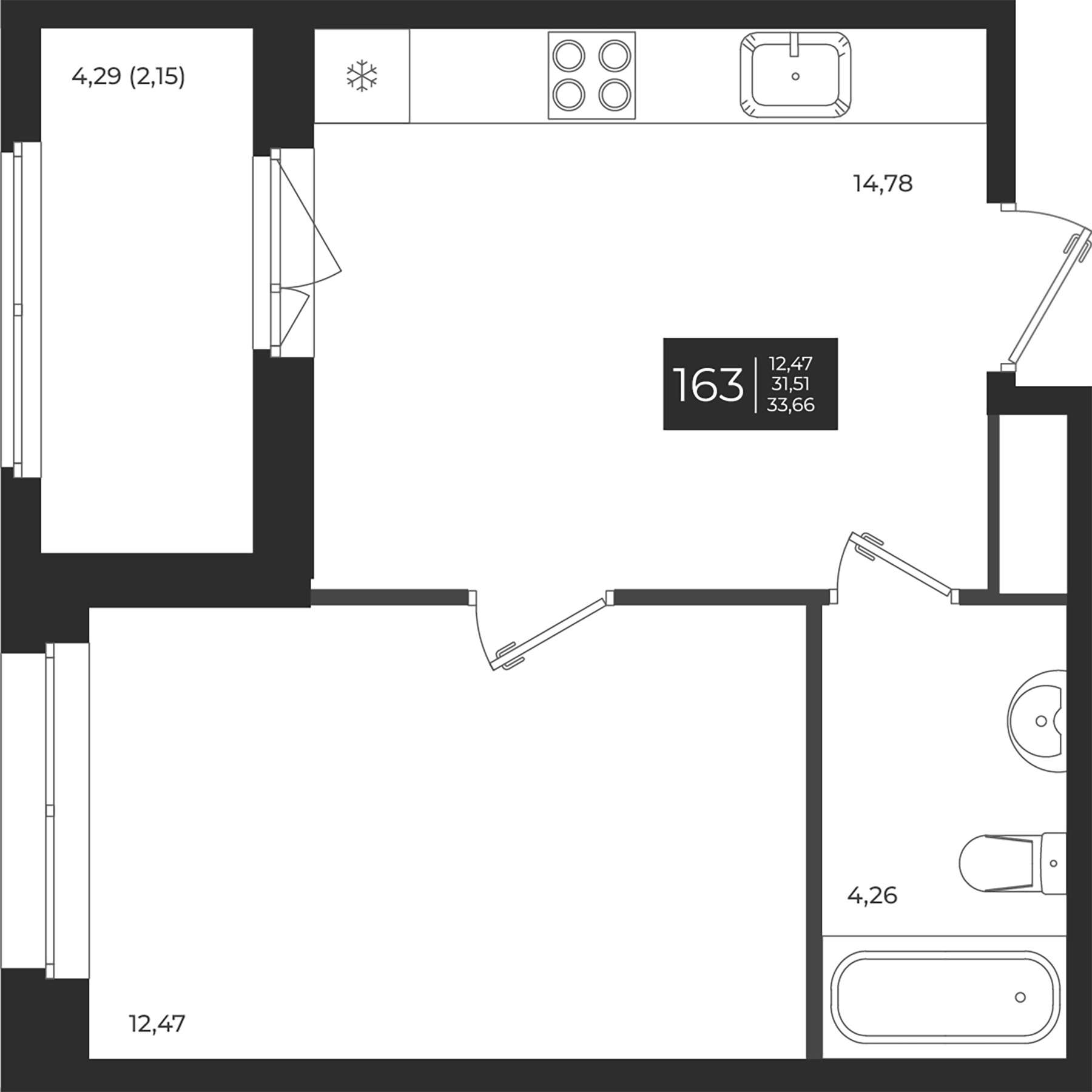 Планировка — Новатория, 1-комн., 32 м²