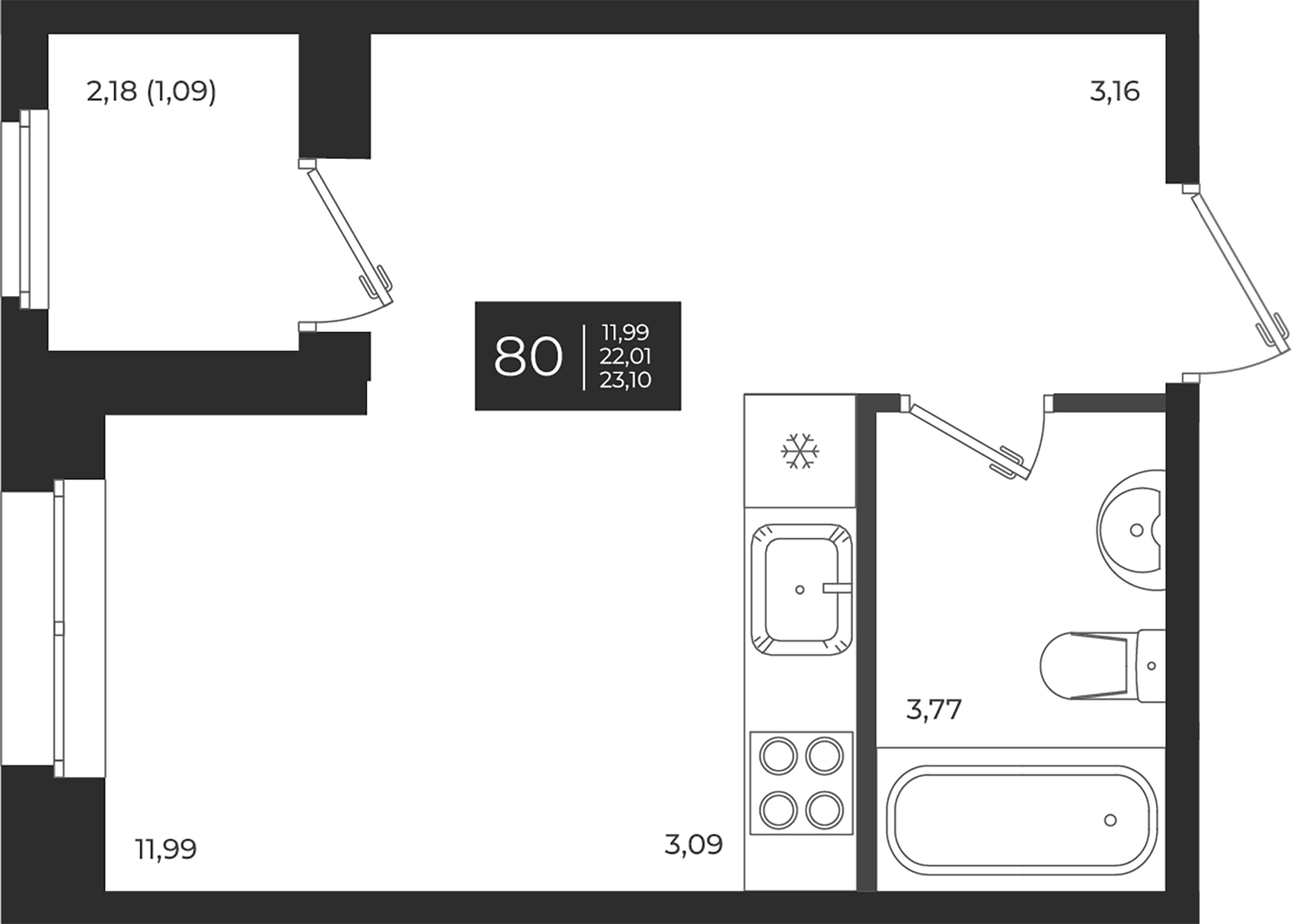 Планировка — Новатория, Студия, 22 м²