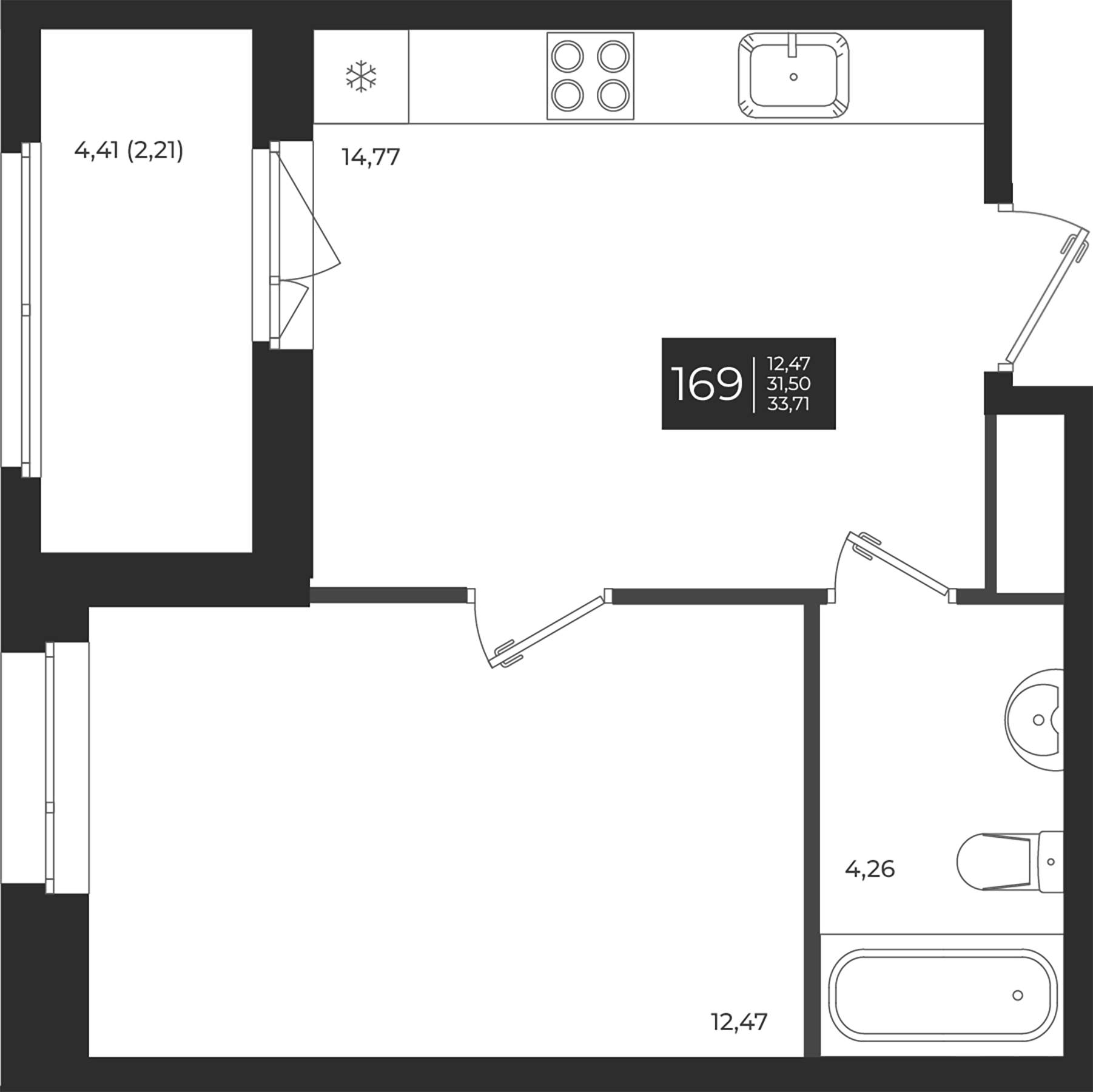 Планировка — Новатория, 1-комн., 32 м²