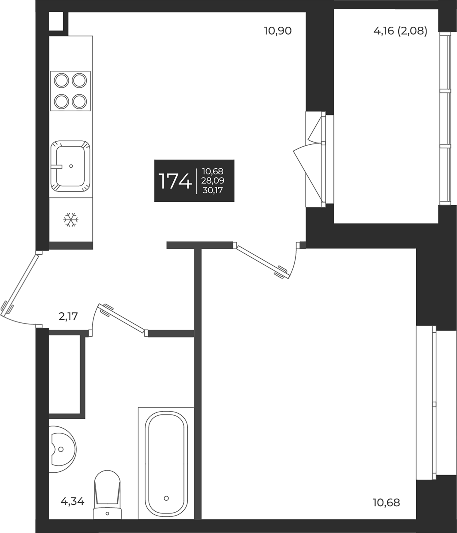Планировка — Новатория, 1-комн., 28 м²